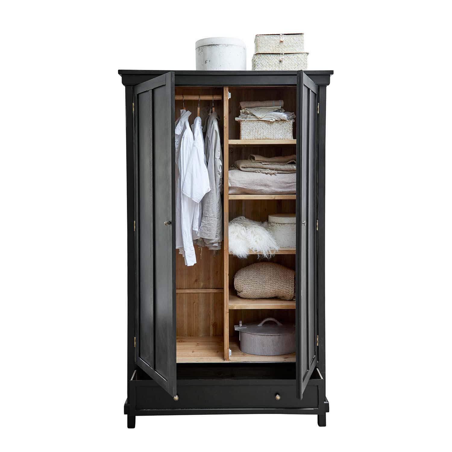 Armoire Sirevol Armoire en bois noir avec portes ouvertes, étagères et cintres pour vêtements et boîtes de rangement