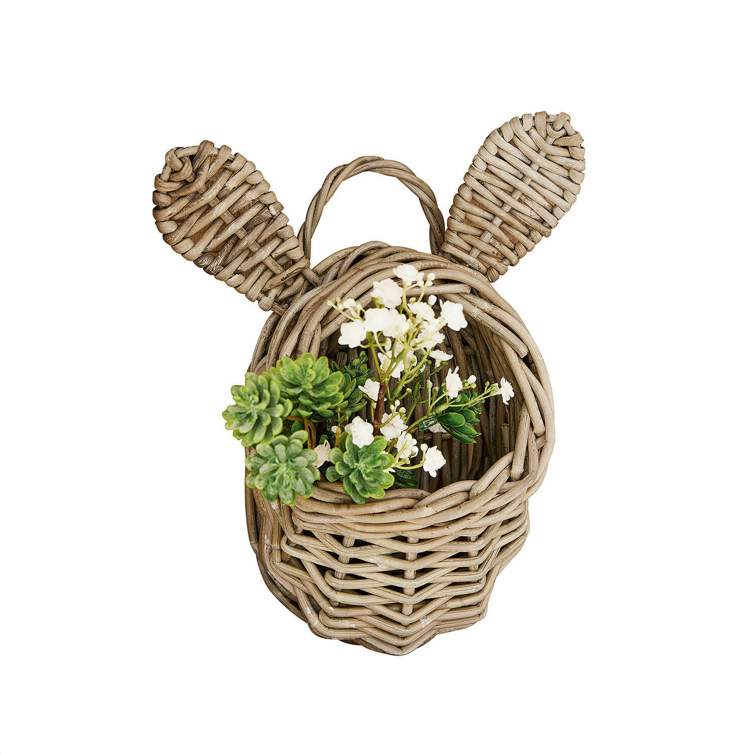 Panier Frances Panier en osier en forme de tête d'animal avec oreilles, couleur naturelle, décoré de fleurs vertes et blanches
