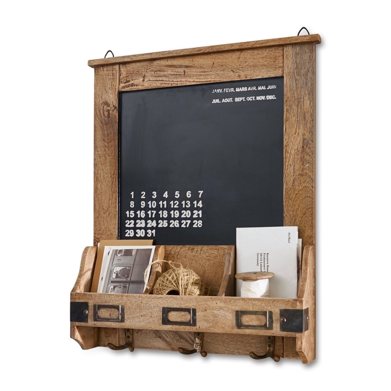 Organizer Taney Houten bord met kalender, vakken voor post en haken voor sleutels aan de muur