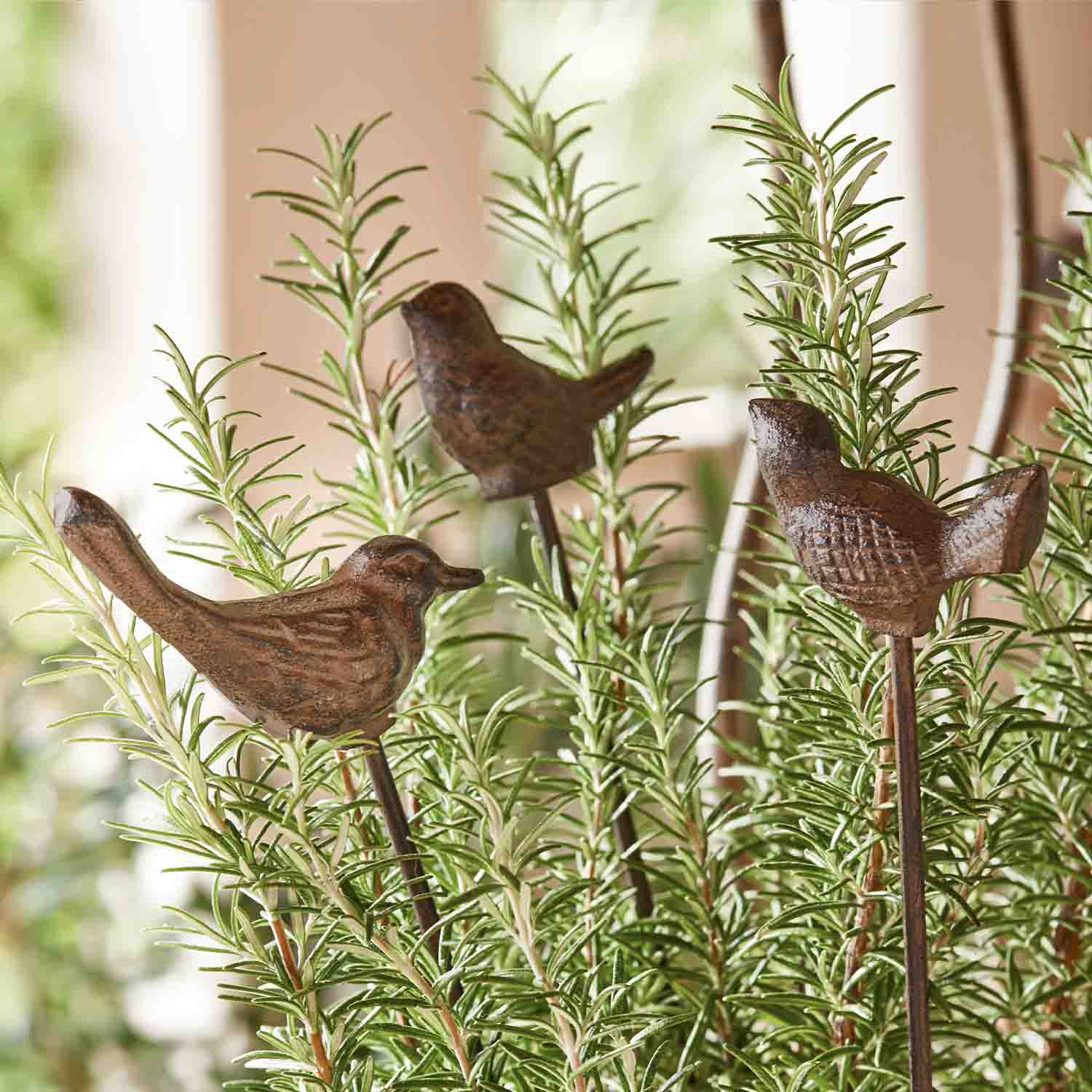 Decoratieve bruine metalen vogeltjes op stokjes tussen groene rozemarijn takken