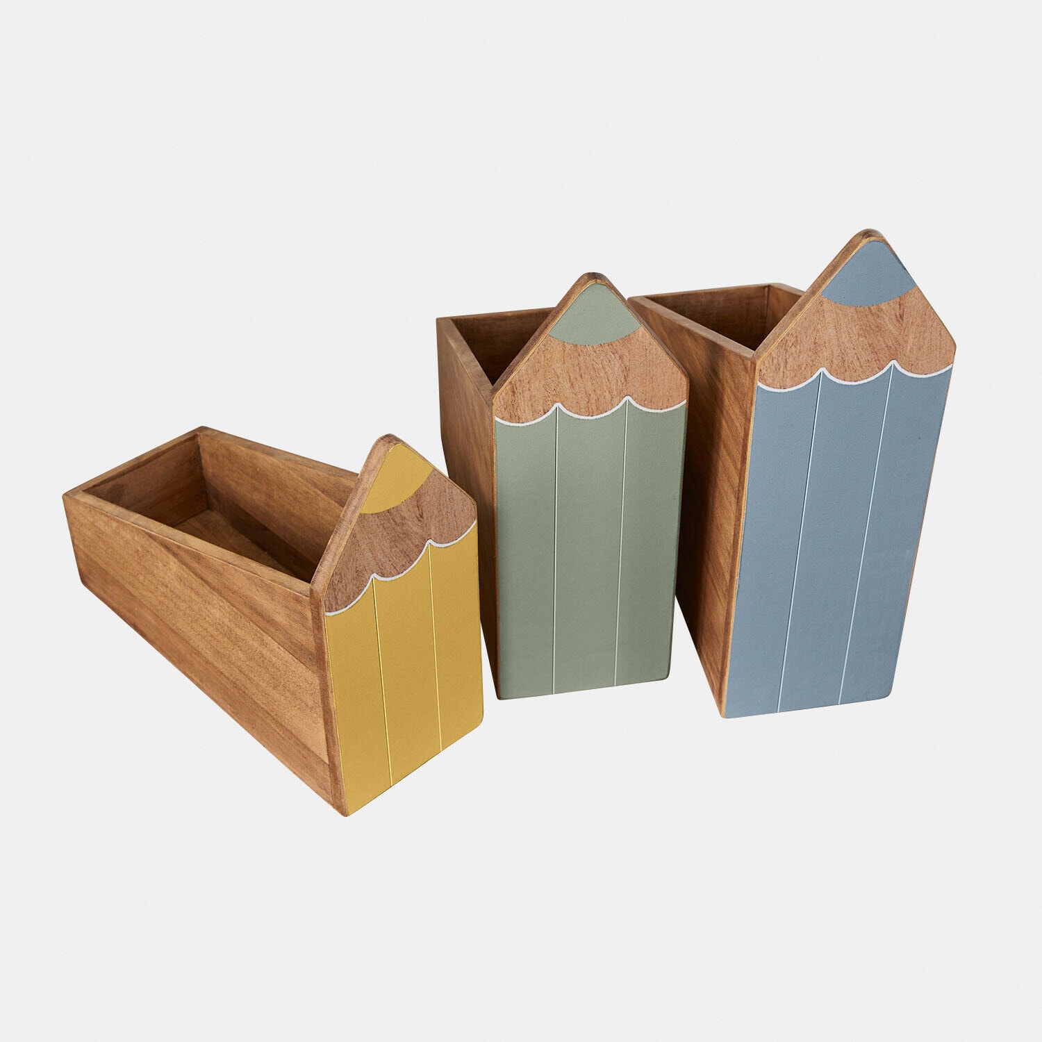 Ensemble de trois organiseurs en bois en forme de crayons jaunes, verts et bleus pour bureau