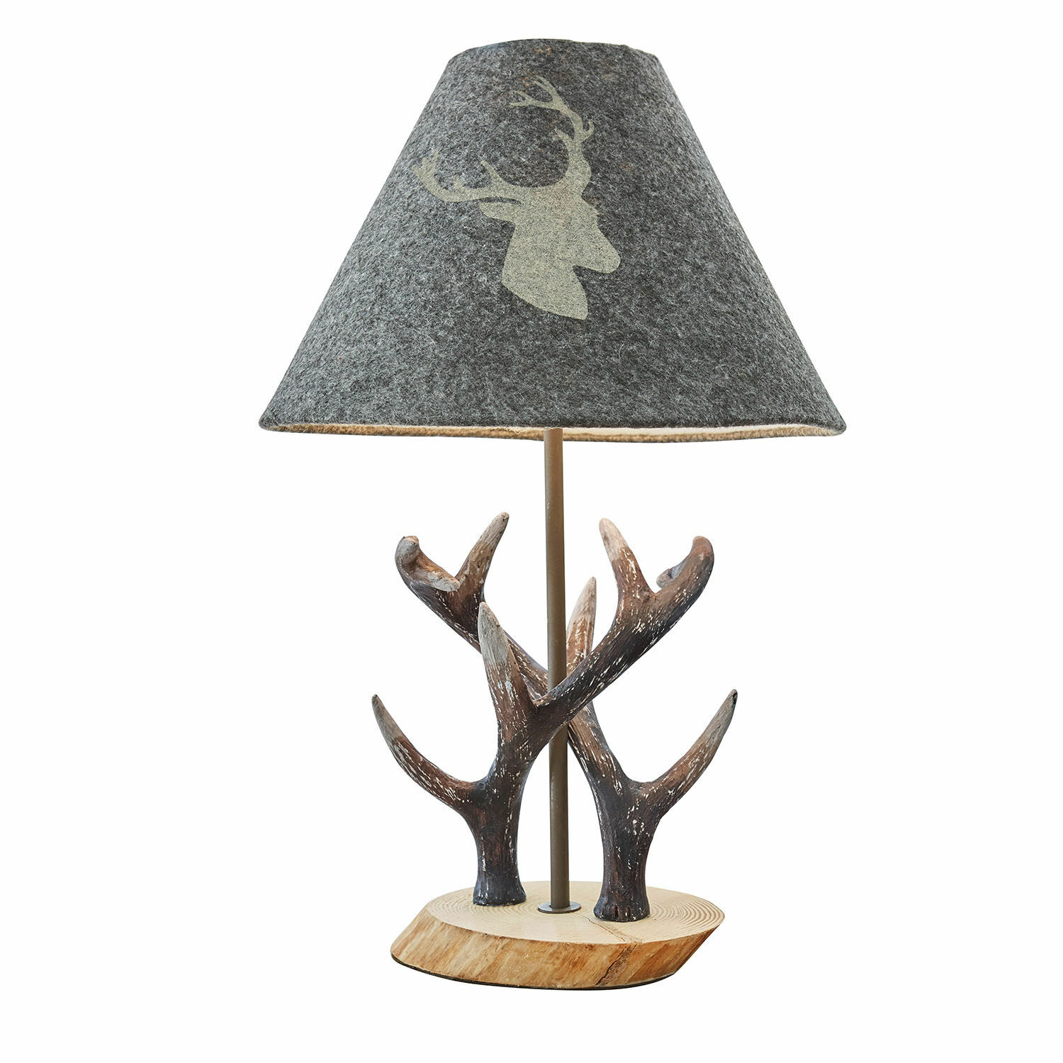 Lampe à poser Lodge Lampe de table avec base en bois et décor en bois de cerf, abat-jour gris avec motif cerf, éclairage décoratif