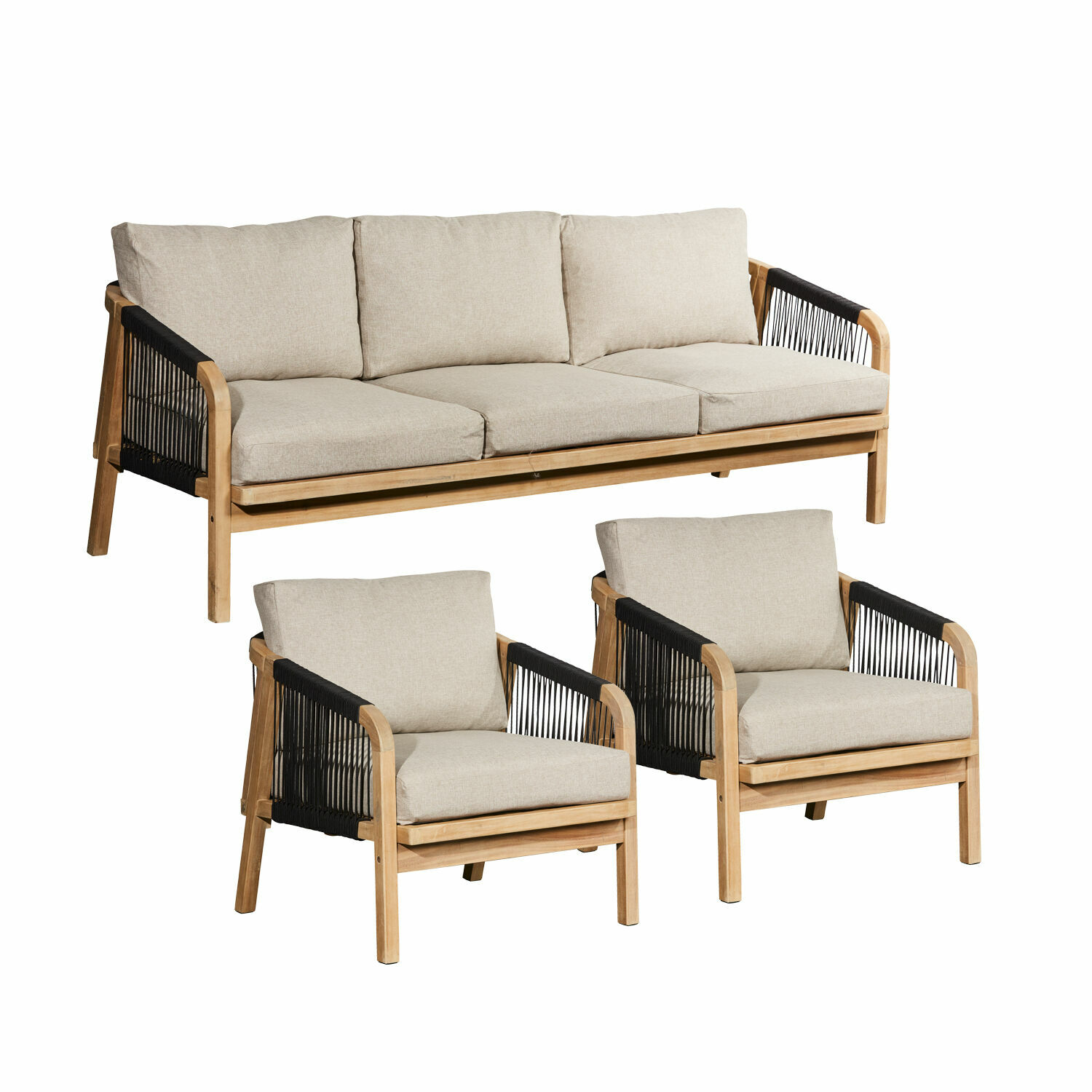 marron/beige Ensemble de salon Shreveport en bois FSC avec coussins beige et cadre marron, design moderne pour salon