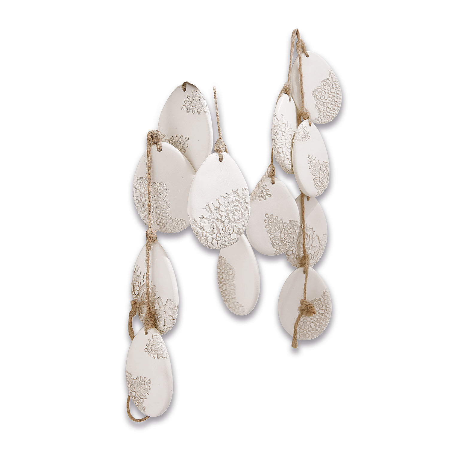 Guirlande Gloster Suspensions décoratives en céramique blanche en forme d’œufs avec motif dentelle sur corde pour intérieur