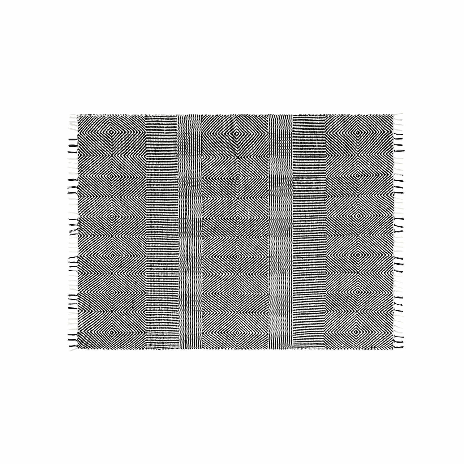 In- & outdoor vloerkleed Tamworth Zwart-witte vloerkleed met geometrisch patroon en franjes, decoratieve stof voor interieur