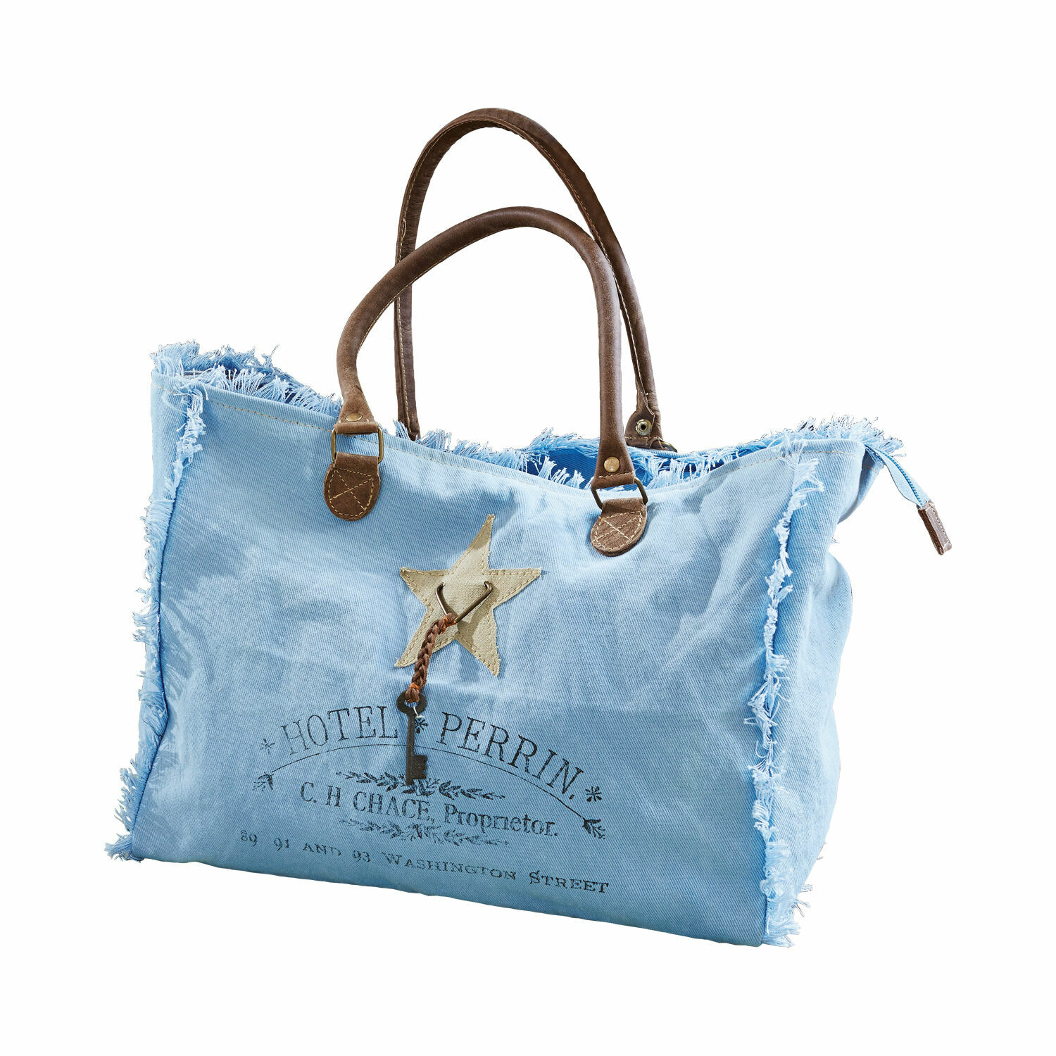 blauw Elora tas van blauw textiel met bruine handvatten en decoratieve sleutel, vintage stijl