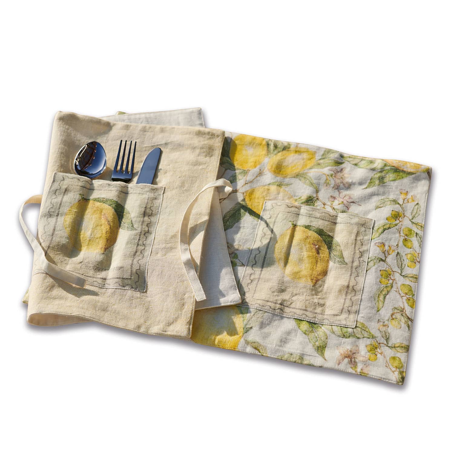 Lot de 2 sets de table Lantagenet Housse en lin pour couverts avec poche et motif citron jaune et vert naturel