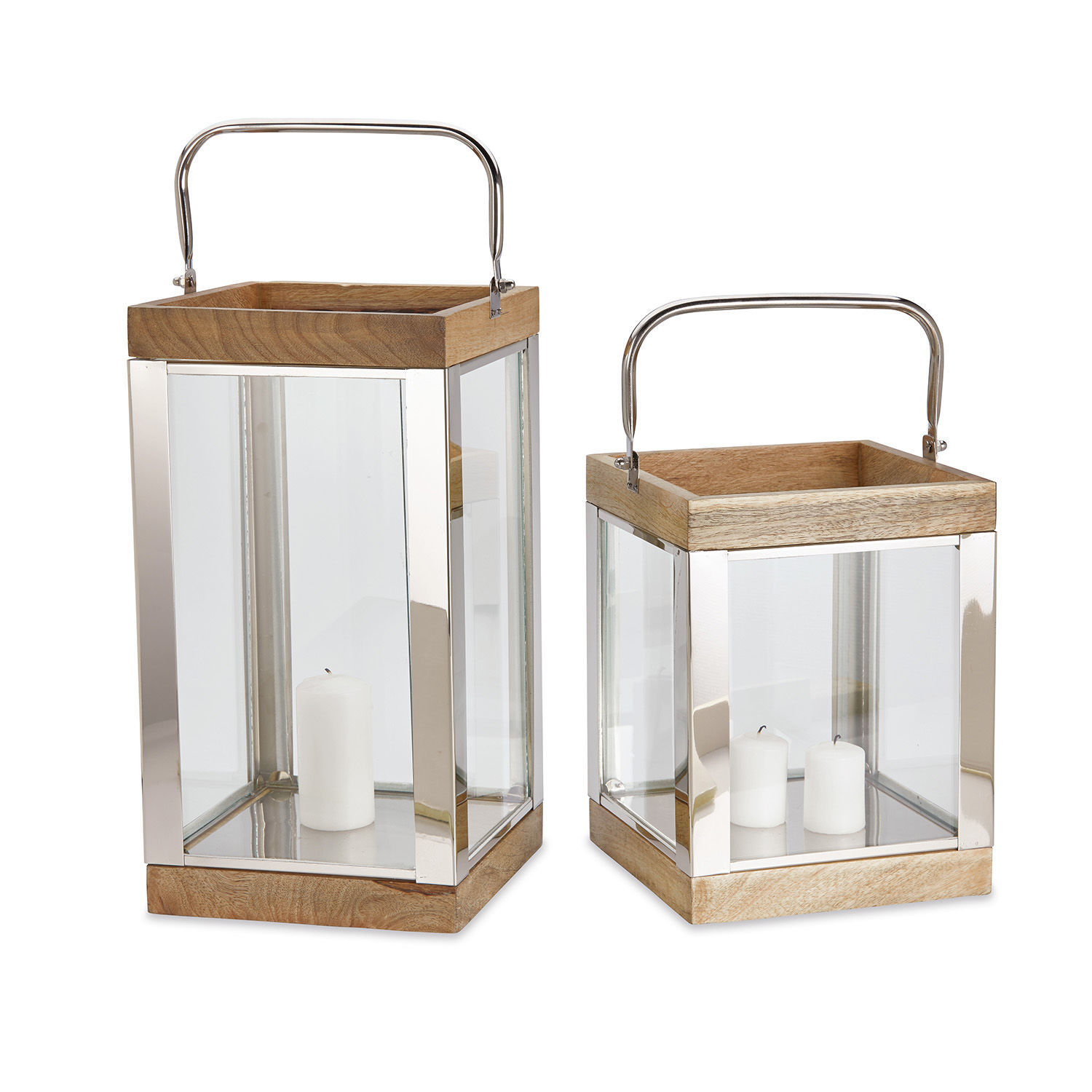 Lantaarn set van 2 Harpers Set van twee lantaarns van glas en hout met metalen handvatten, witte kaarsen binnenin