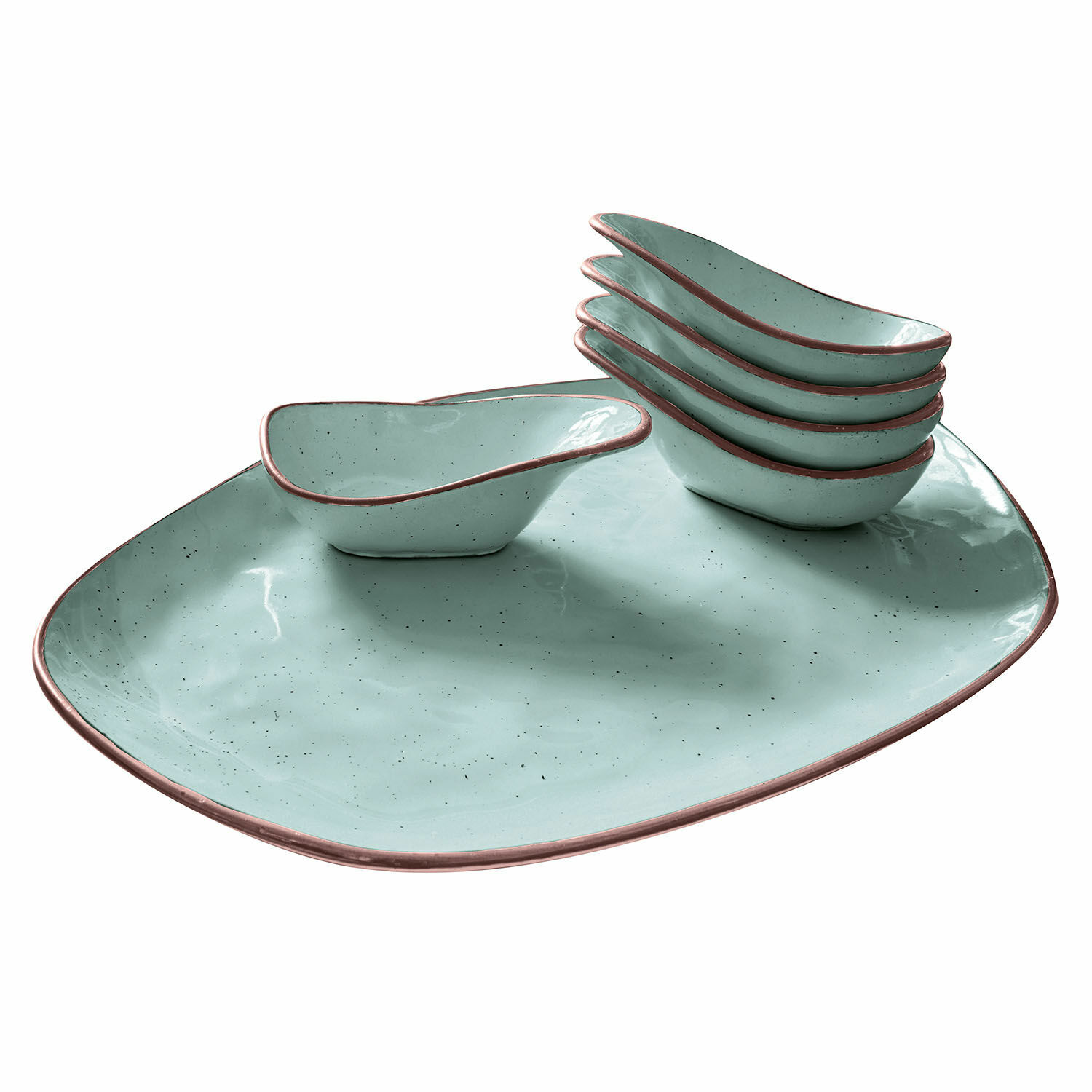 Ensemble de 6 coupelles en céramique turquoise avec grand plat assorti bordé de brun