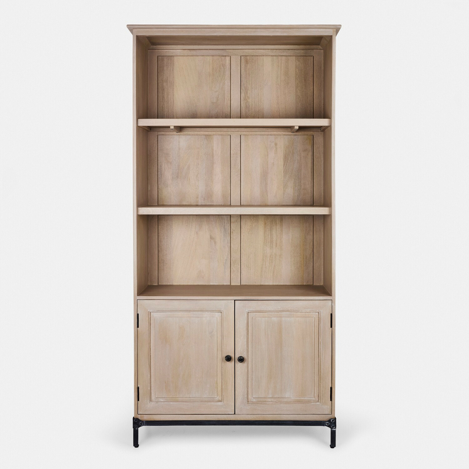 Étagère Aldrics Armoire en bois clair avec étagères ouvertes et portes fermées, meuble de rangement beige naturel