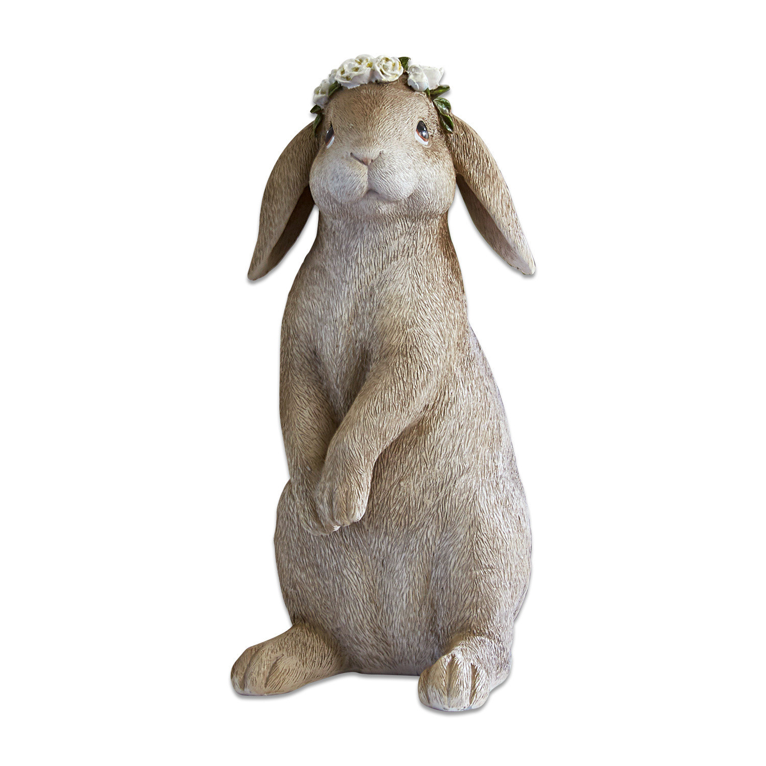 marron Lapin décoratif marron en matériau avec couronne de fleurs, décoration de printemps et Pâques
