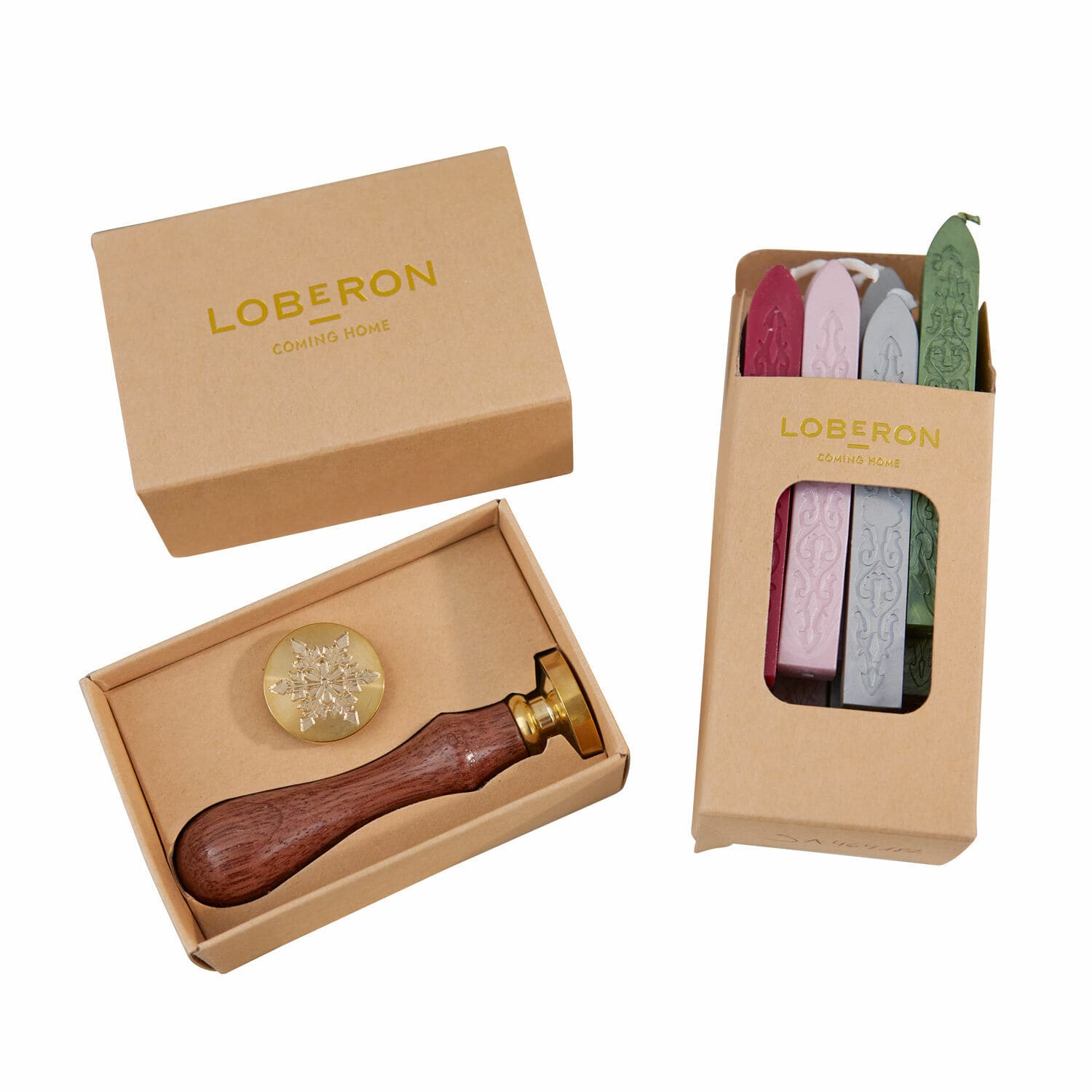 bruin/rood/goud Zegelstempelset met houten handvat en gekleurde zegelwas in een bruine kartonnen doos