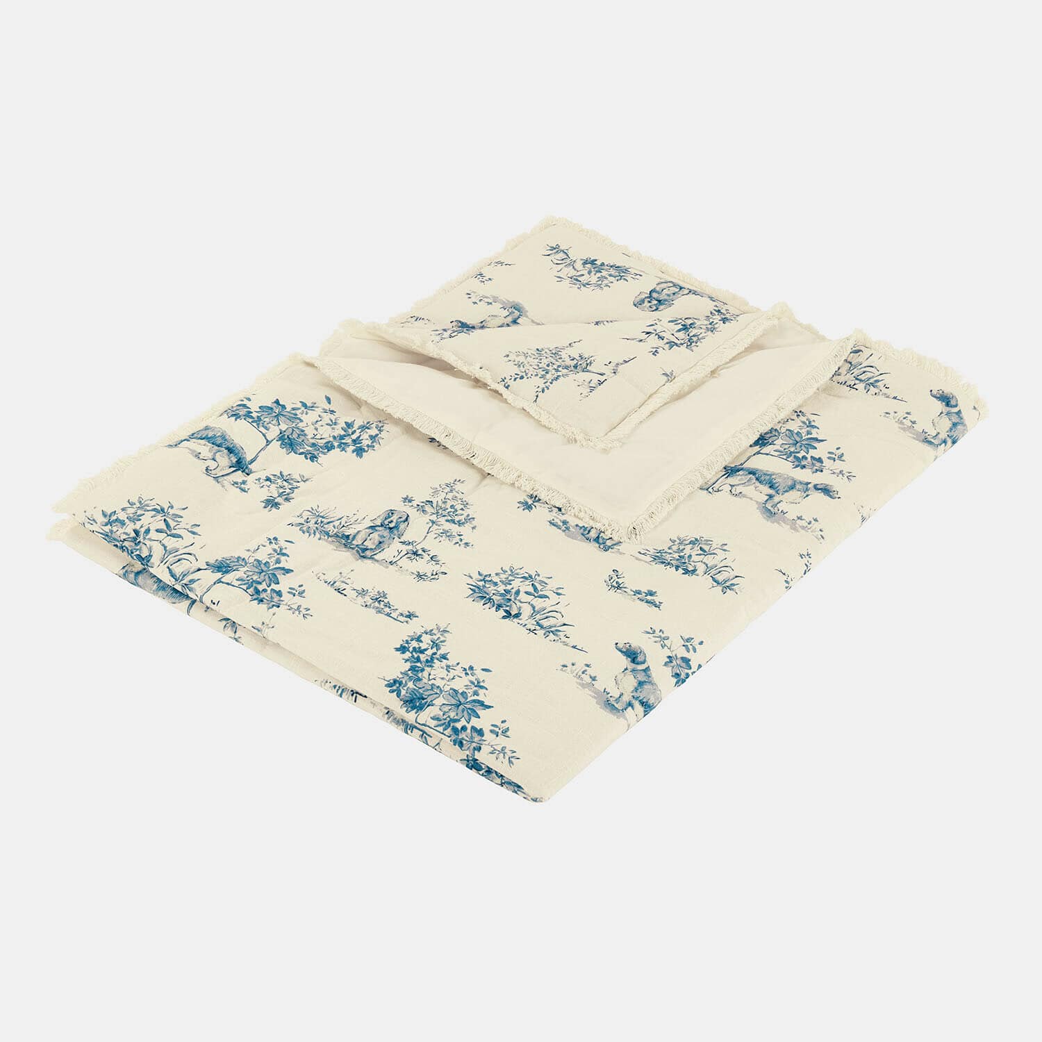 Crèmekleurige katoenen plaid met blauw planten- en dierenpatroon, decoratief en zacht