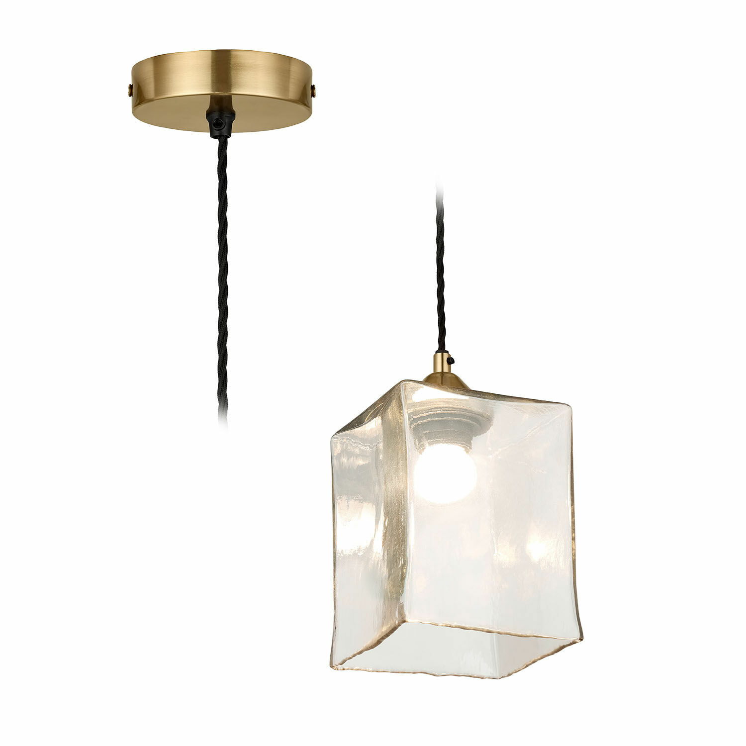 Hanglamp Floravon Hanglamp van helder glas en messing in kubusvorm, moderne binnenverlichting