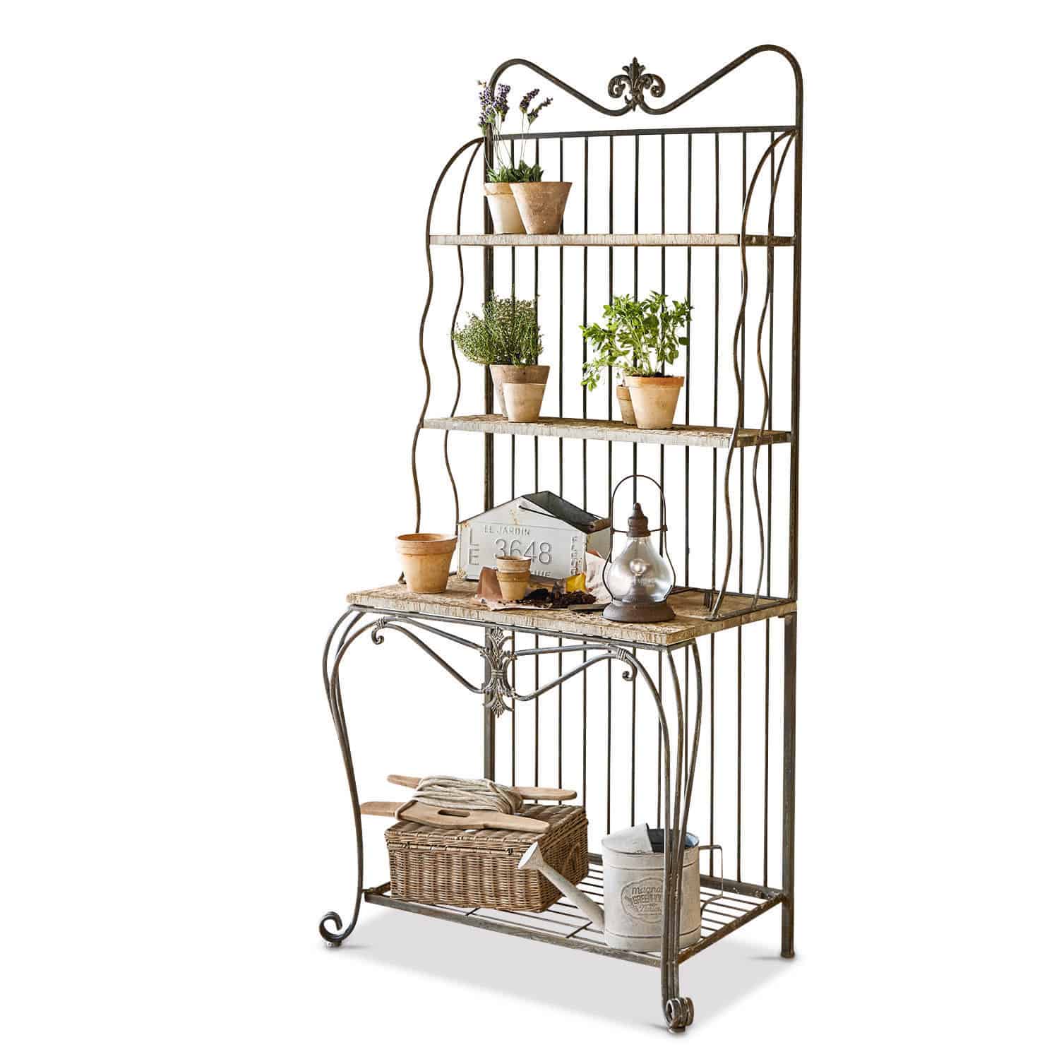 Étagère Rentlor Étagère de jardin en métal avec étagères en bois et pots de fleurs, parfaite pour ranger outils et plantes