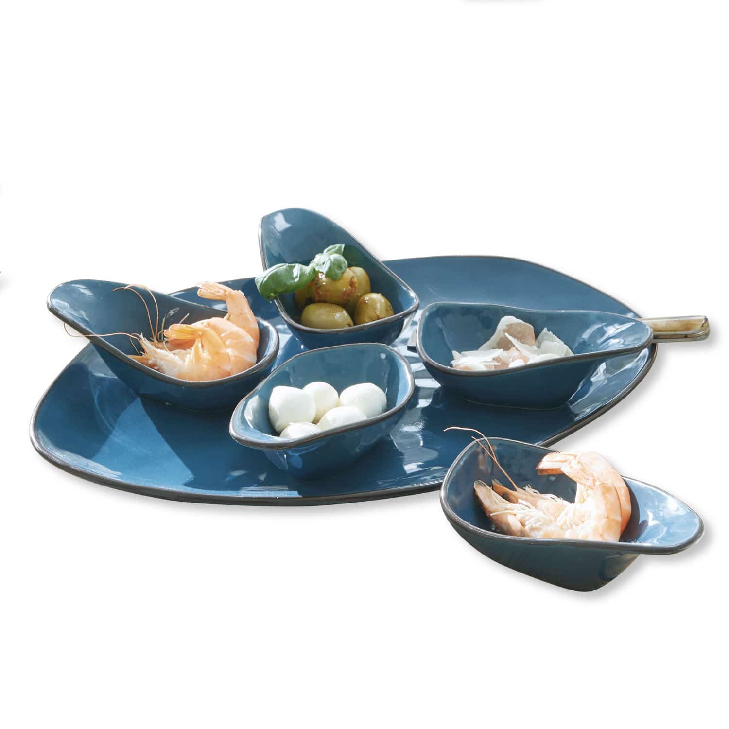 Lot de coupelles, 6 pièces Biarré Ensemble de bols en céramique bleue avec fruits de mer et olives sur plateau pour apéritif élégant