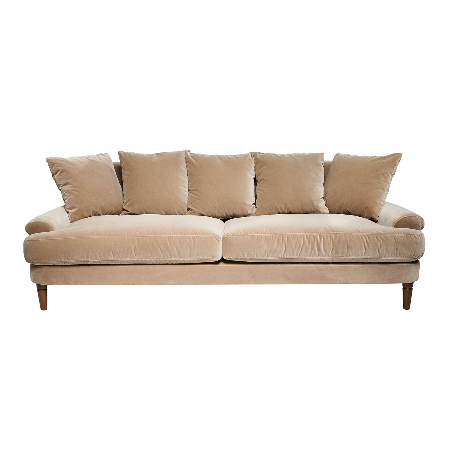 Bank Rivermere Beige bank van zachte stof met vijf kussens en houten poten, comfortabele woonkamermeubel