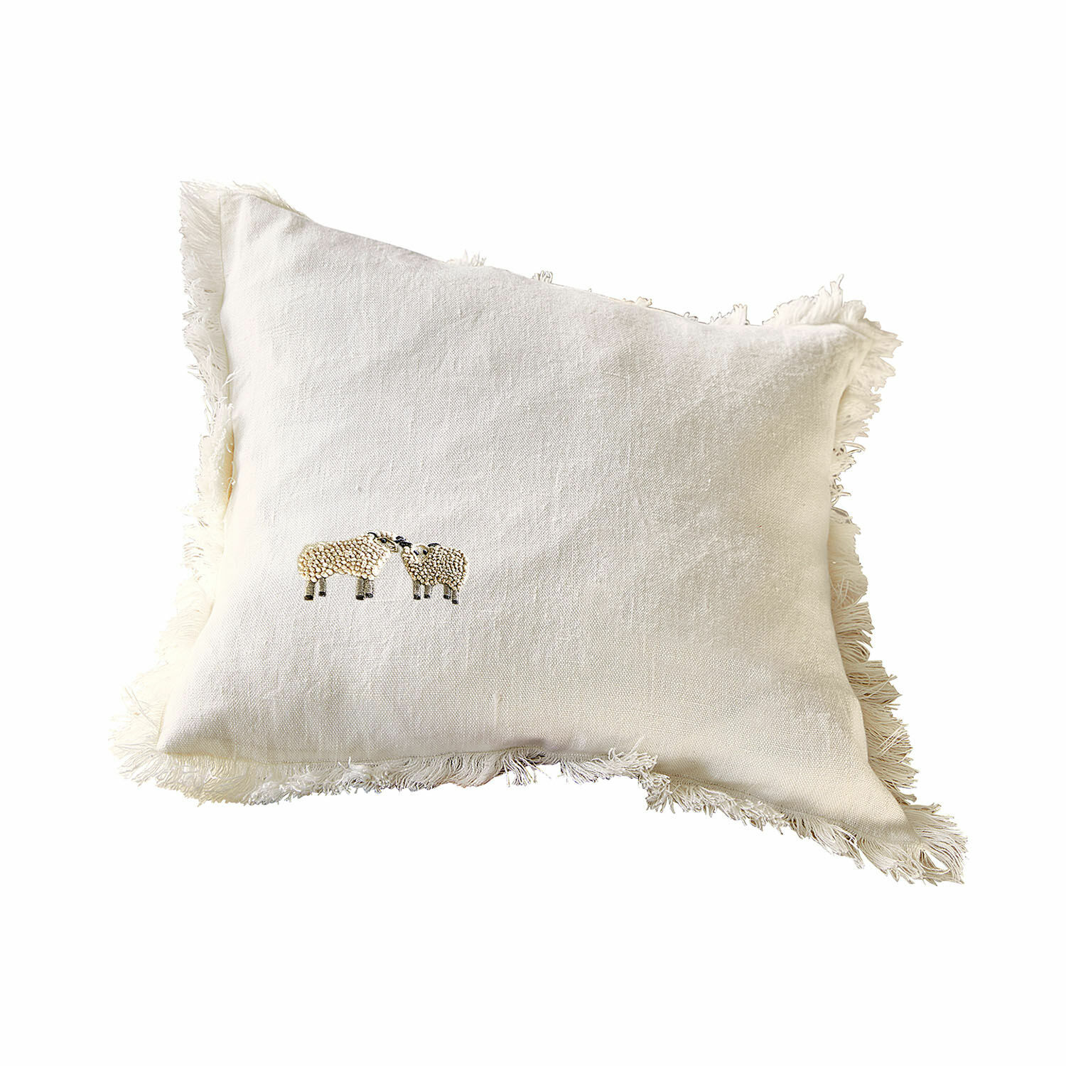 Kussenhoes Erianna Witte linnen kussen met franjes en borduurwerk van twee schapen, decoratief woonaccessoire