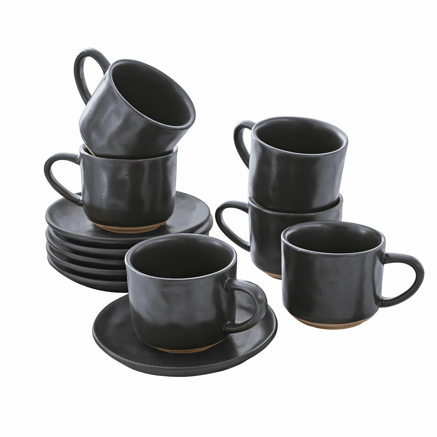 Set van 6 zwarte keramische espressokopjes met schotels, modern design voor koffie