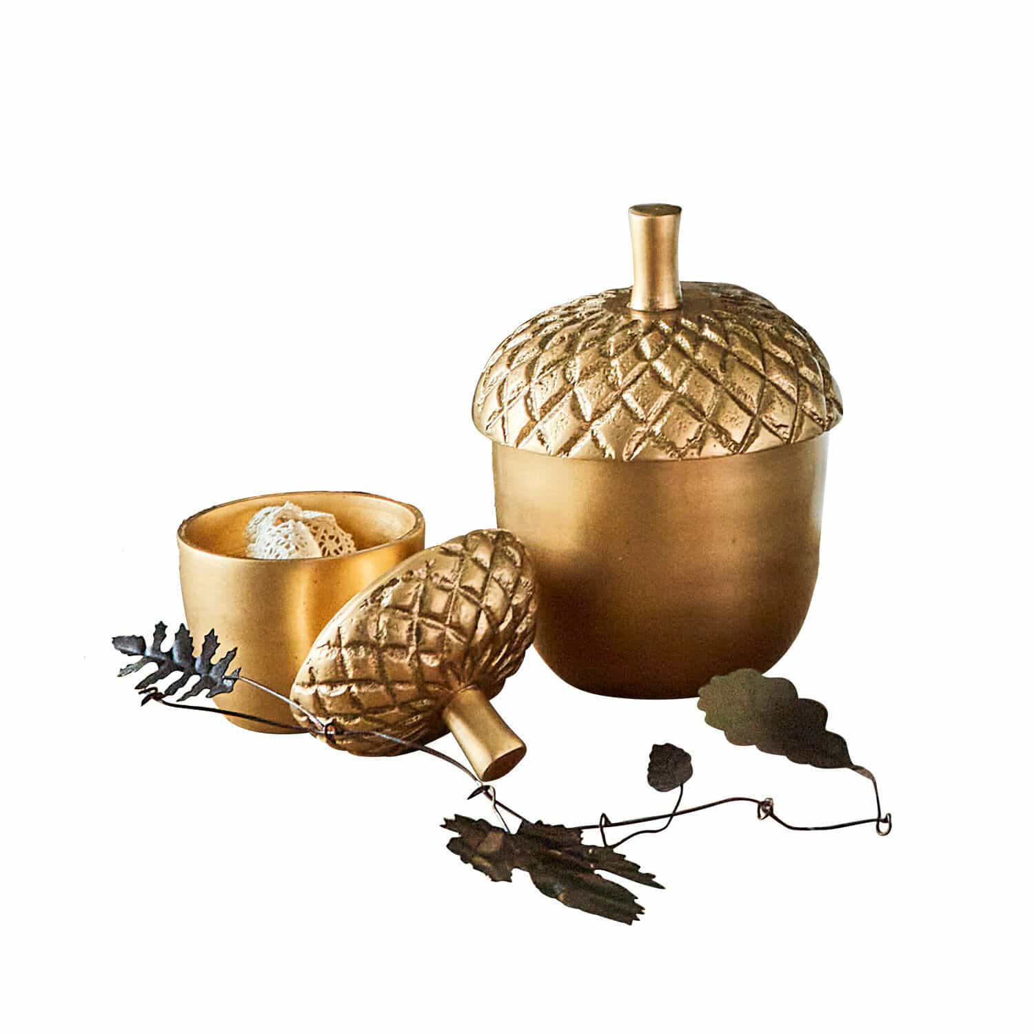Pot set van 2 Selmar Gouden metalen potten in eikelvorm als stijlvolle woondecoratie, elegant huisaccessoire
