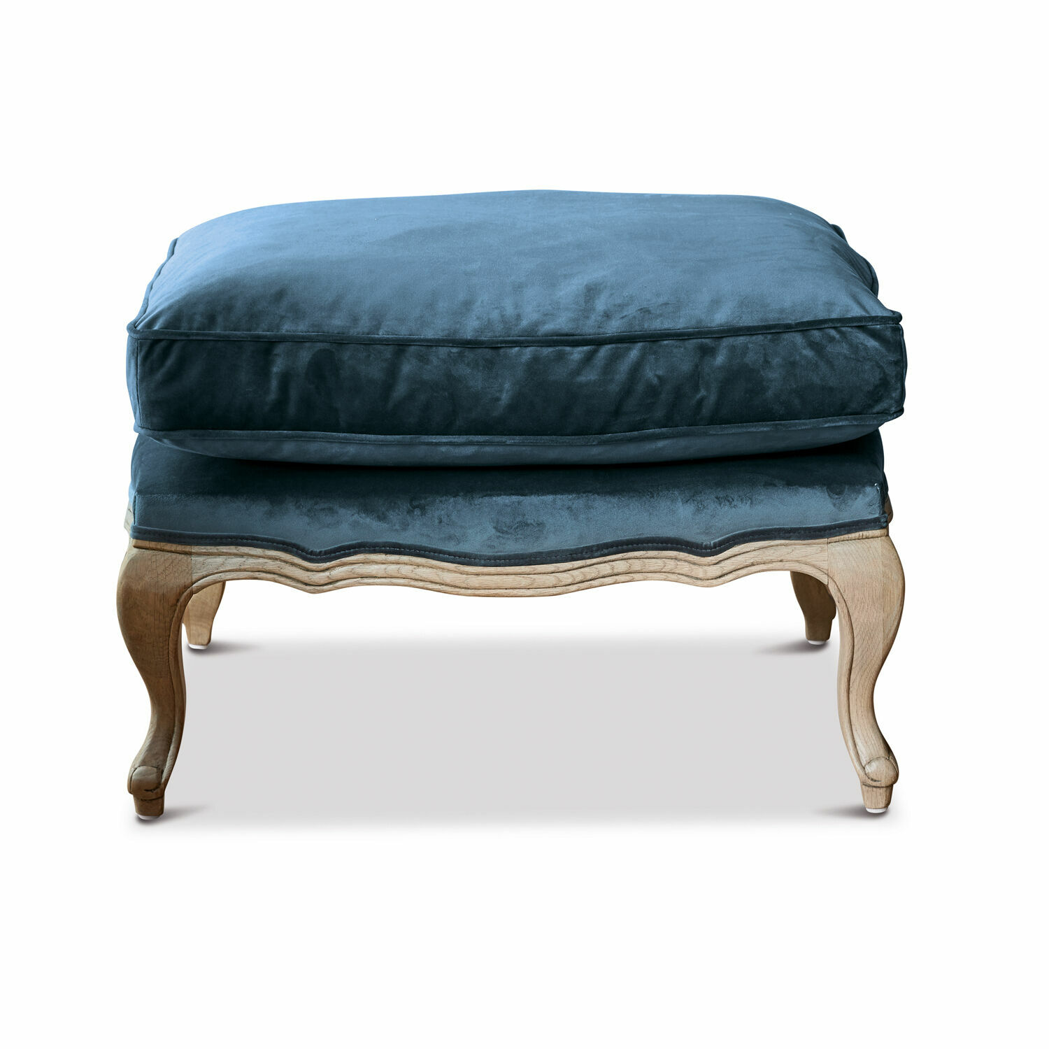 Repose-pieds Corlay en velours bleu avec pieds en bois marron, meuble élégant pour salon