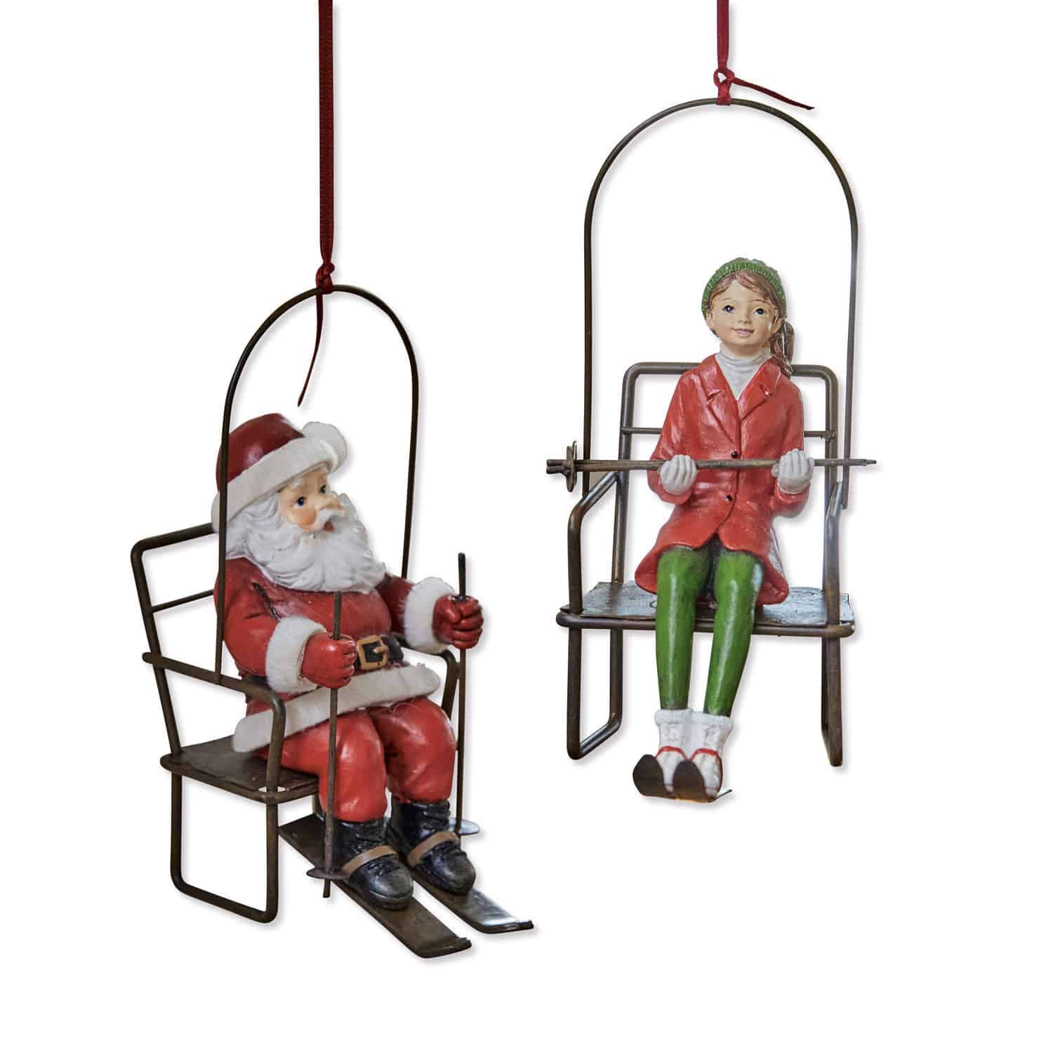 Lot de 2 décorations à suspendre Ponta Décorations suspendues en métal avec figurines de Père Noël et fille en tenue rouge sur skis