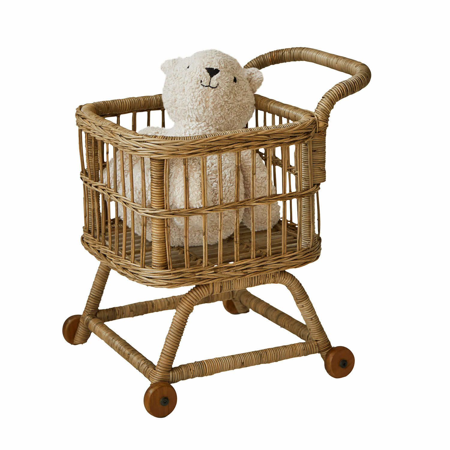 Chariot de courses Callidia Petit chariot en osier avec ours en peluche beige, décoration douce pour chambre d'enfant
