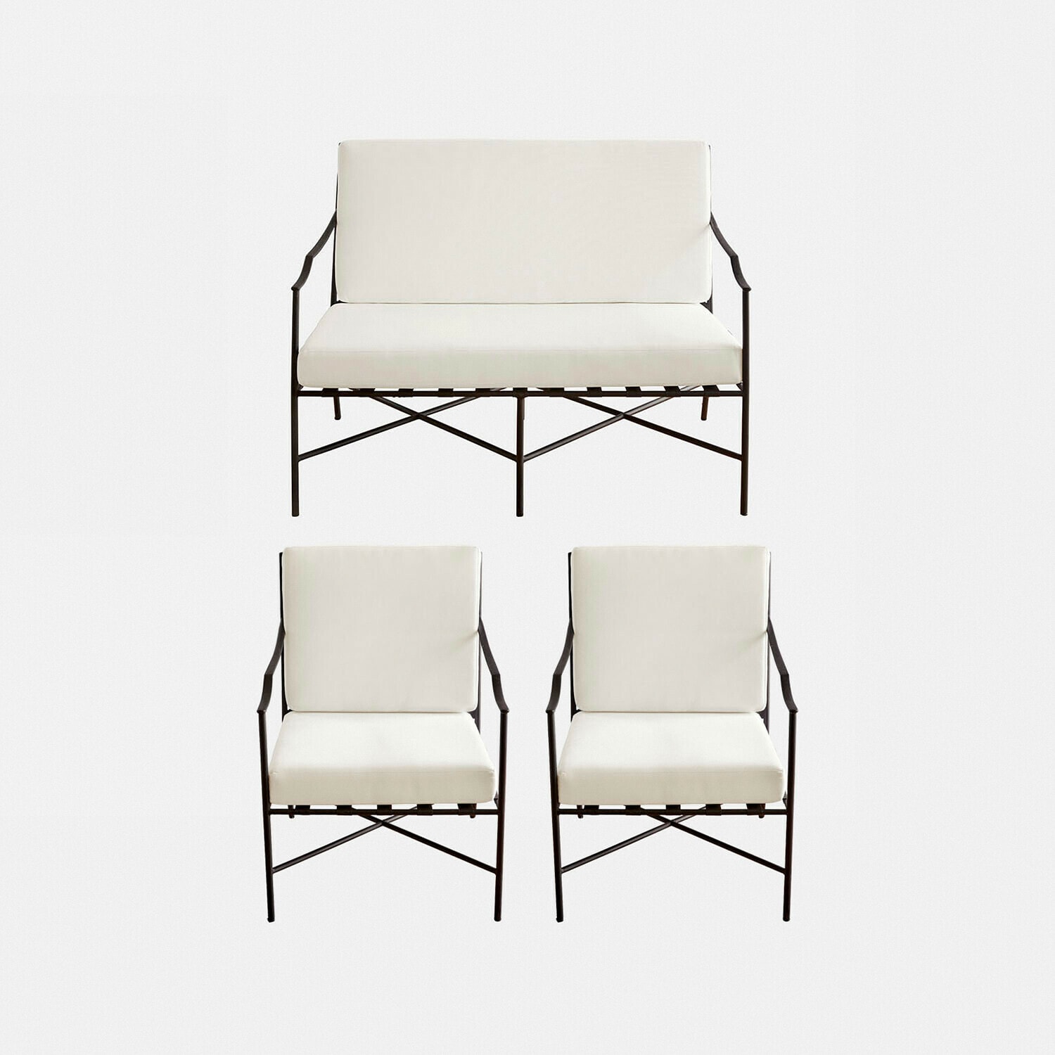 Ensemble de mobilier de jardin avec structure métallique et coussins crème, design moderne extérieur