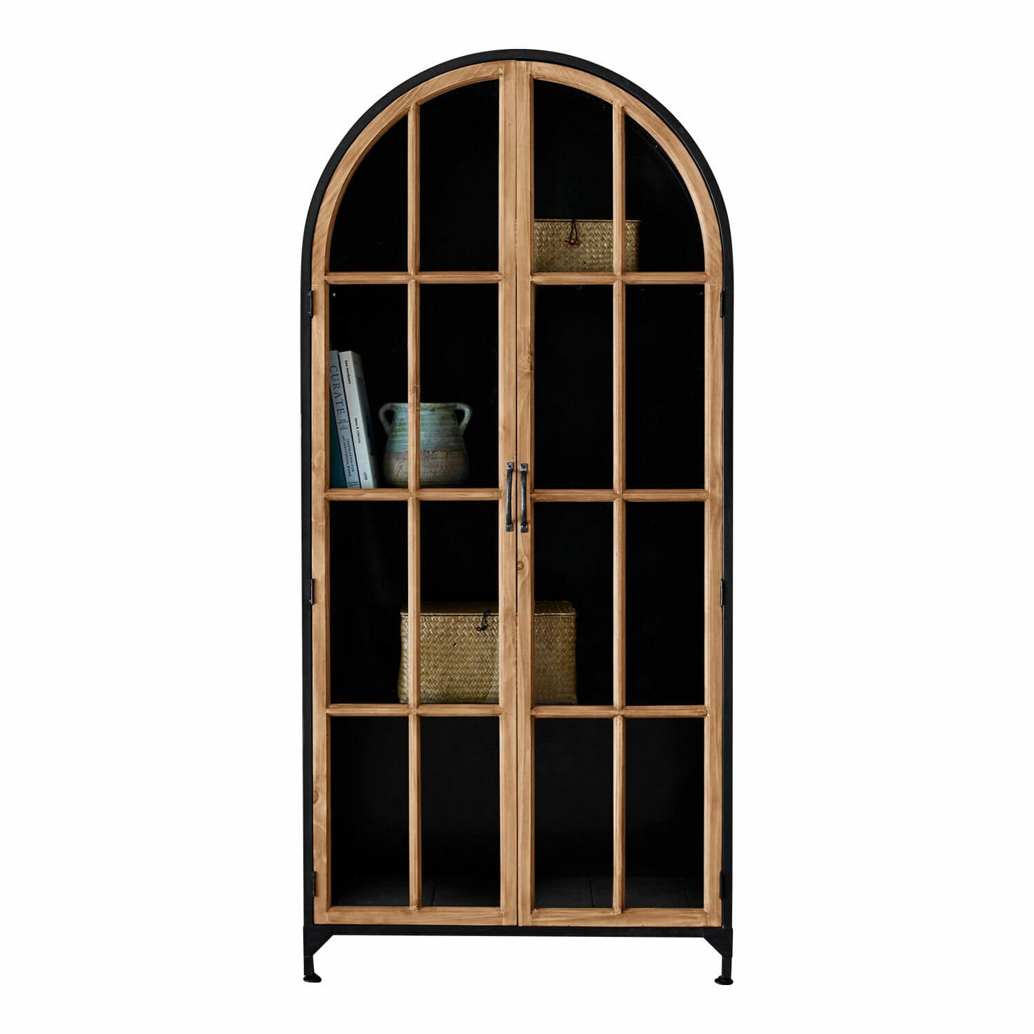 Buffetkast Mardilly Vitrinekast van natuurlijk hout en zwart metaal met glazen deuren en planken voor decoratieve opslag