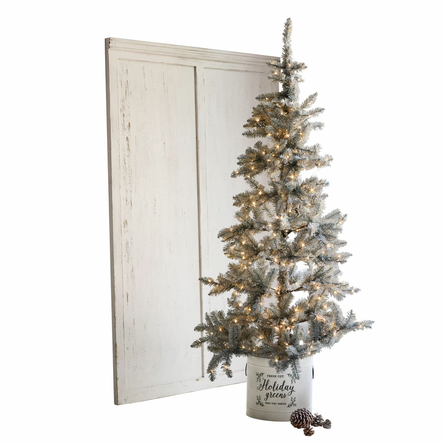 Paneel Evanston Kunstkerstboom met LED-verlichting in witte metalen emmer met opschrift Holiday greens