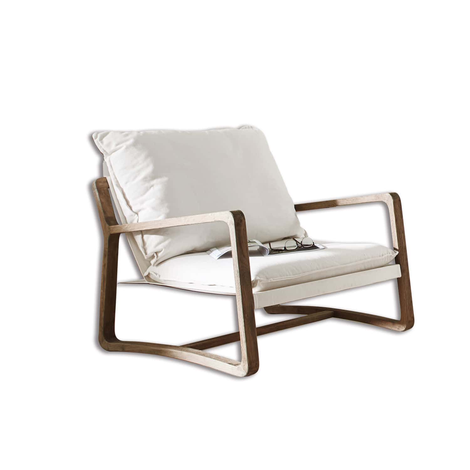 Fauteuil Jowna Moderne stoel met houten frame en crèmekleurige kussens voor woonkamer