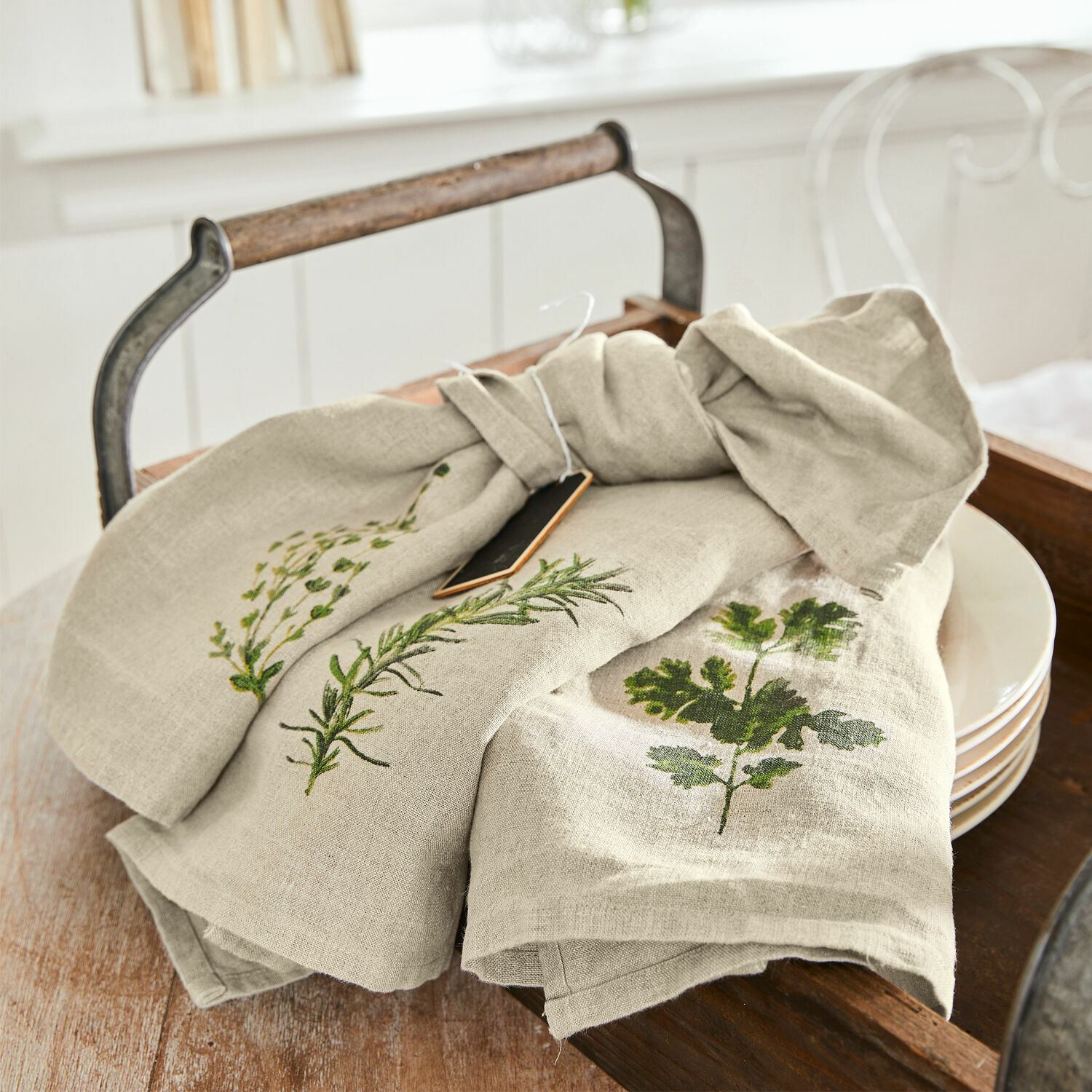 Theedoek set van 3 Herbal Gardens Beige linnen keukendoeken met groene kruidenprints voor decoratie en gebruik