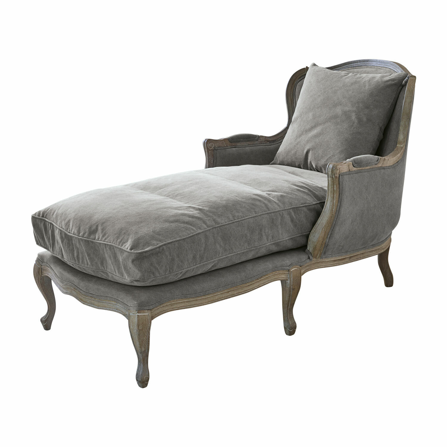 Chaise longue Muel Grijze chaise longue met houten frame en zachte kussen, comfortabele woonkamermeubel
