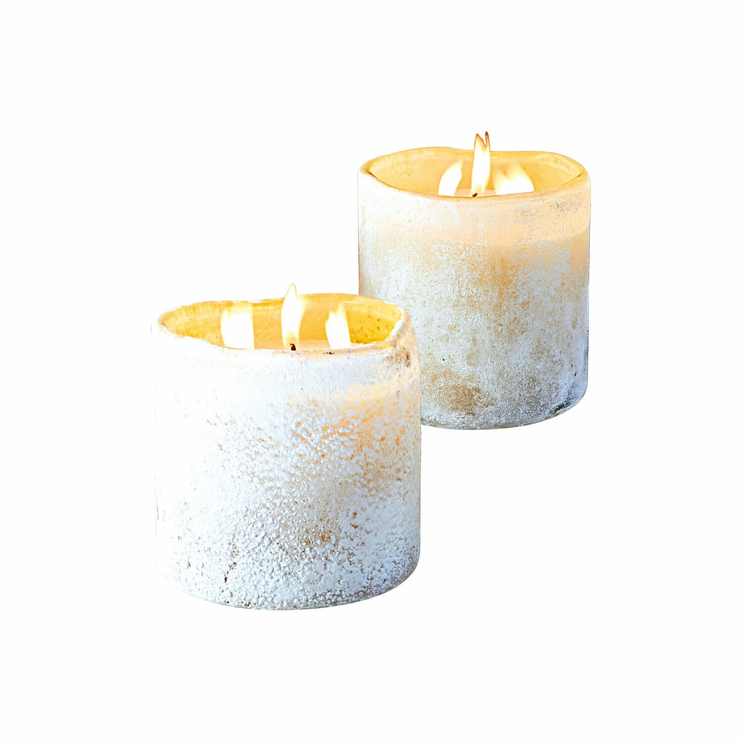 Lot de 2 photophores Caladia jaunes en matériau texturé avec bougies décoratives allumées