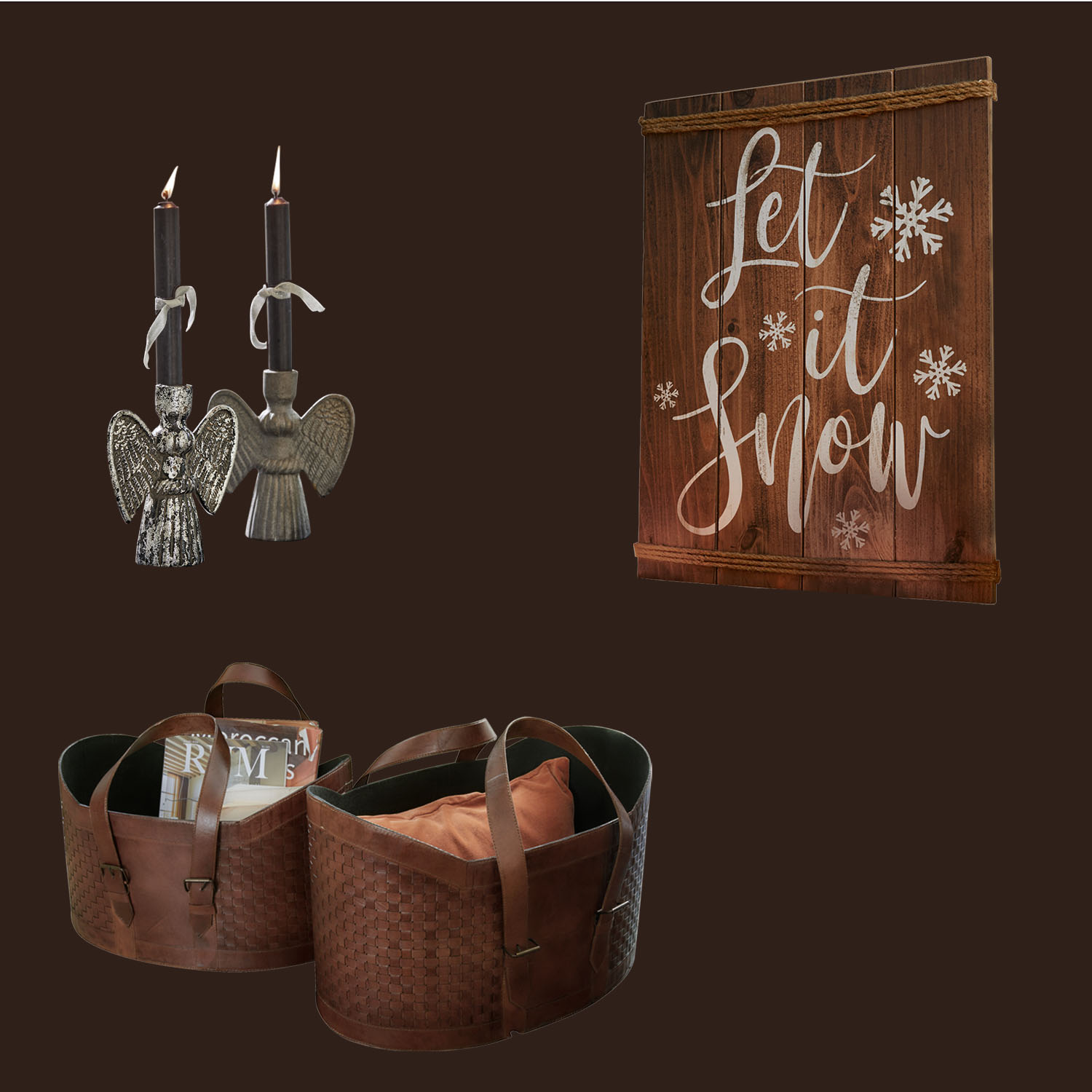 Kerstdecoratieset met metalen engel kandelaren, houten bord Let it Snow en bruine leren manden