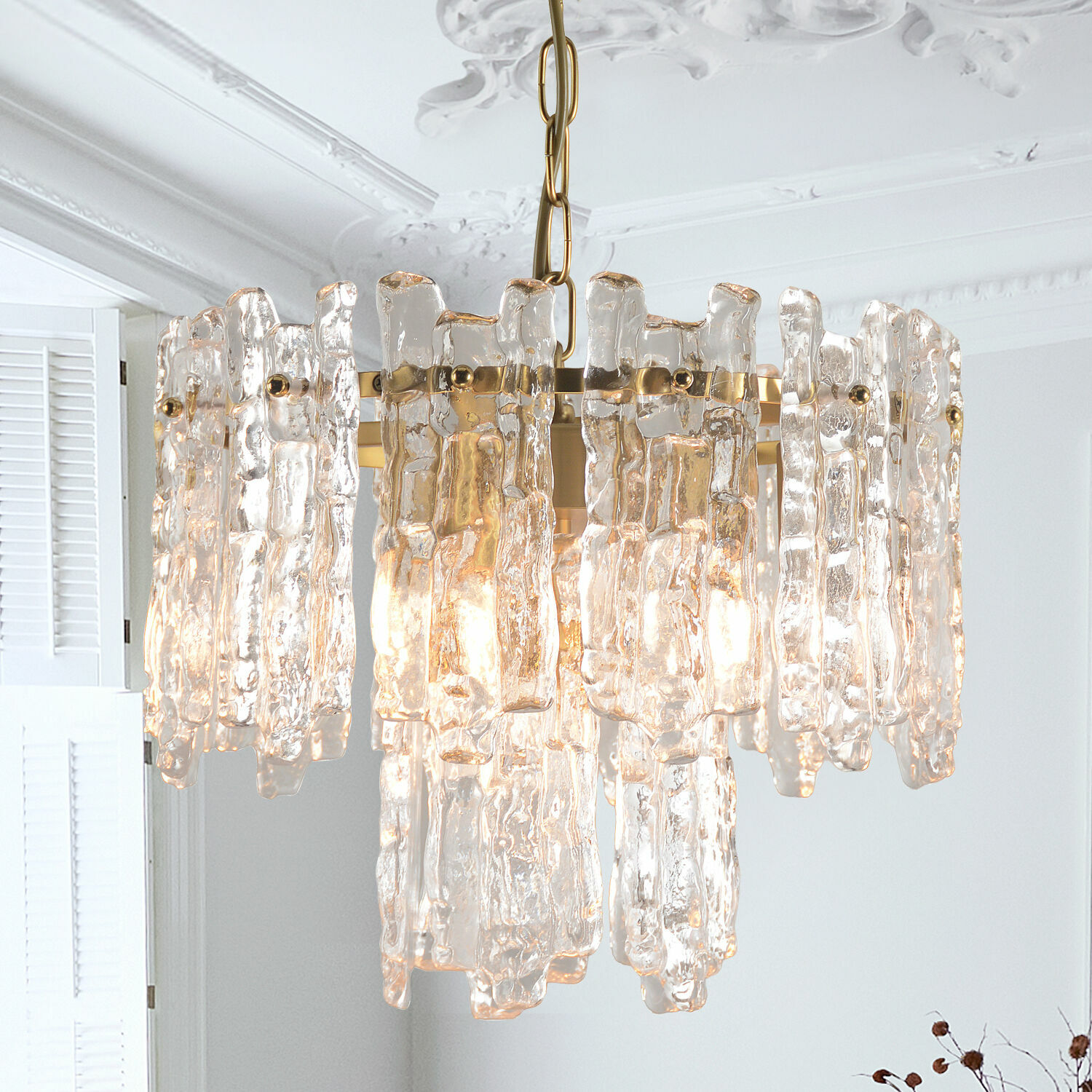 Suspension Lanziano Suspension en verre transparent et métal doré, design moderne pour salon élégant