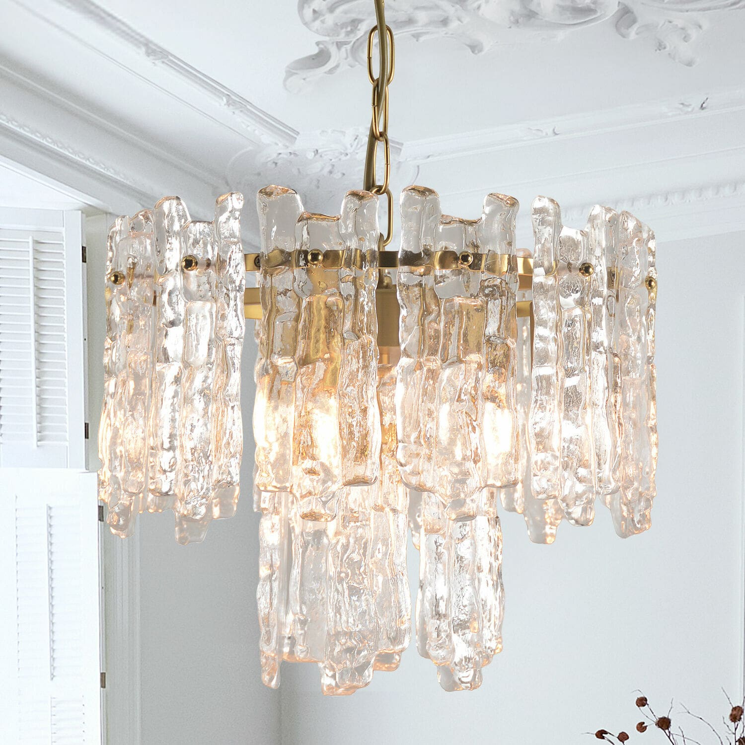 Suspension Lanziano Suspension en verre transparent et métal doré, design moderne pour salon élégant