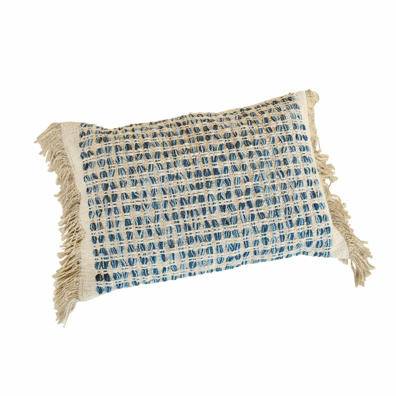 Housse de coussin Monrovie Coussin décoratif rectangulaire en coton beige et bleu à carreaux avec franges, style bohème