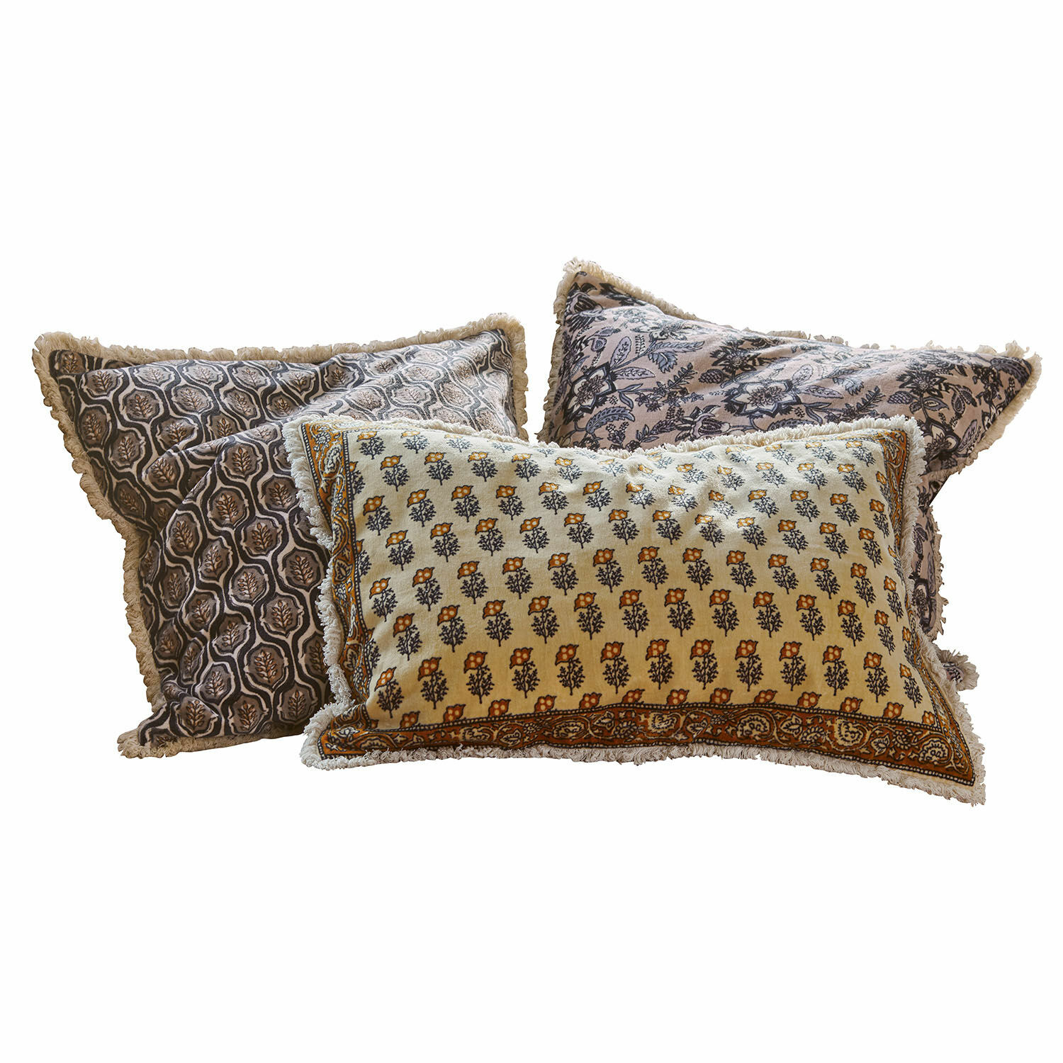 Kussenhoes set van 3 Zandora Set van drie decoratieve katoenen kussens met bloemen- en geometrische patronen in aardetinten