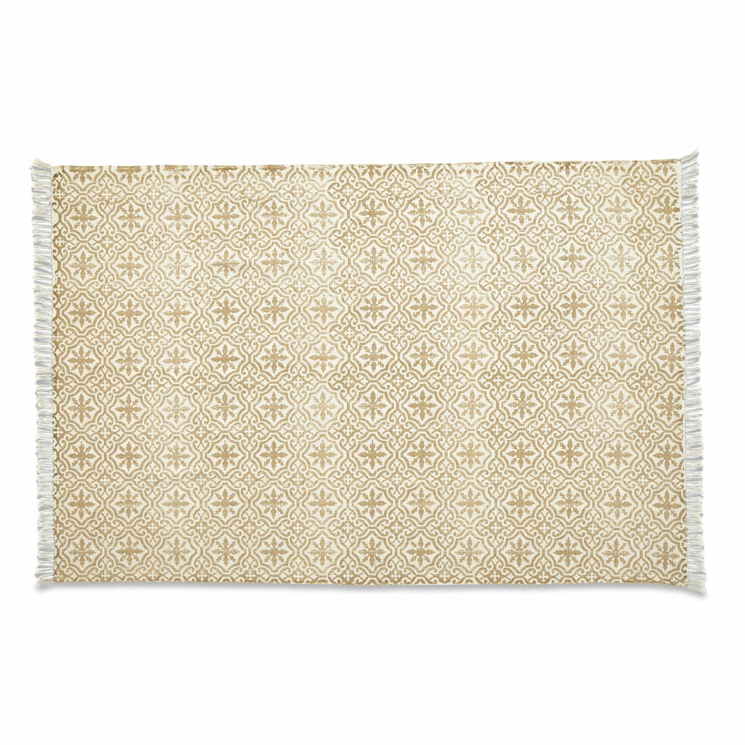 Tapis beige Parochie en coton avec motif décoratif et franges, parfait pour salon moderne