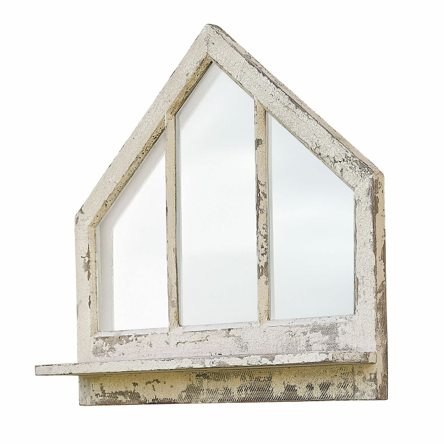 Wandplank Northwick Wandspiegel in huisvorm van wit verouderd hout met plank, rustieke woondecoratie