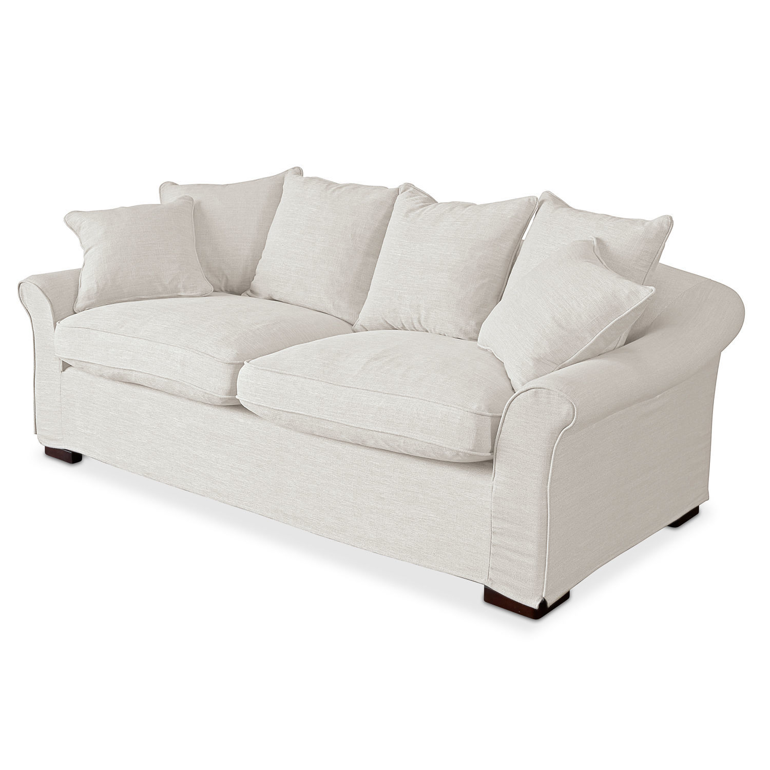 Canapé Long Beach Canapé beige en tissu avec coussins moelleux et pieds en bois foncé pour salon confortable