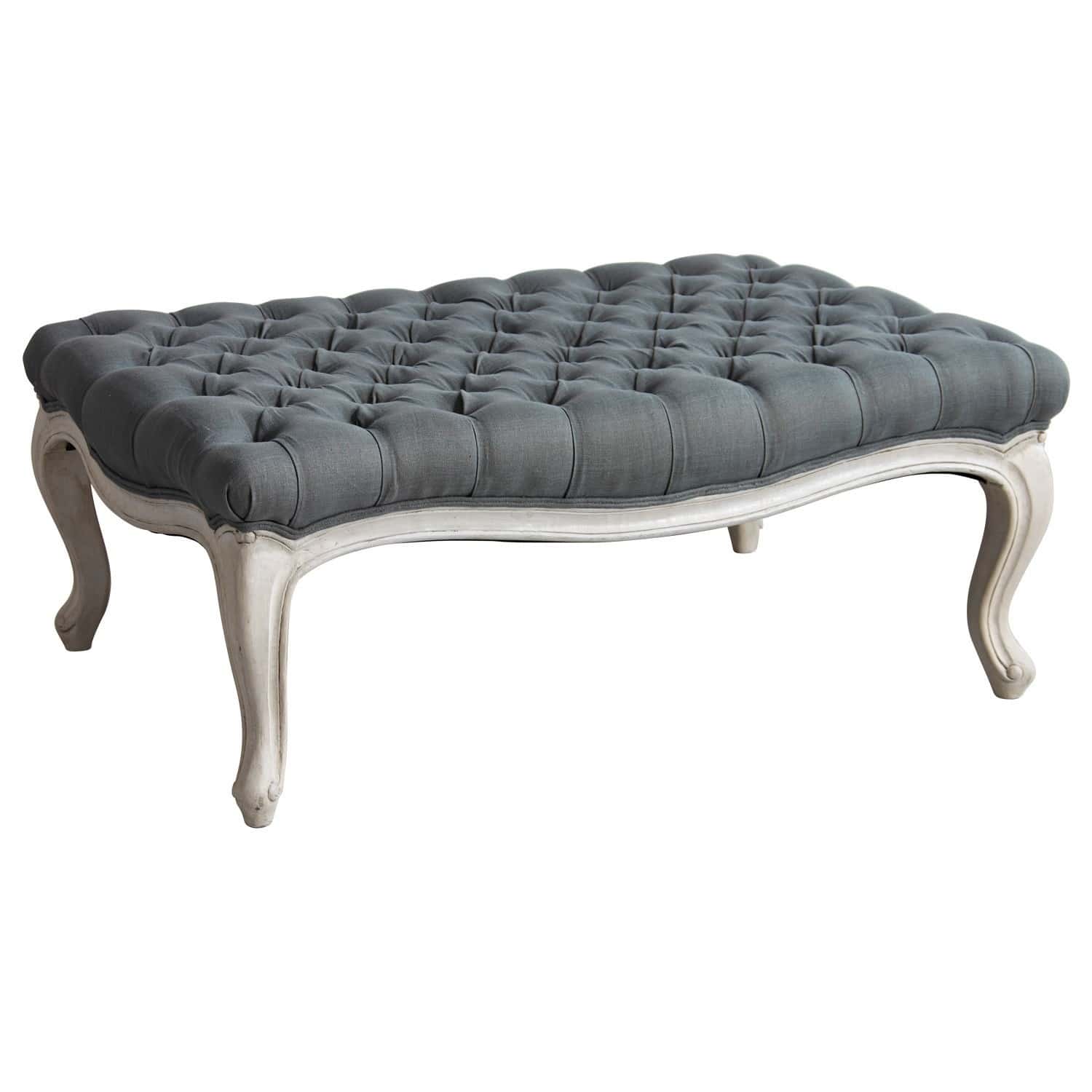 Poef Dirac met petrolkleurige, gestoffeerde zitting en witte houten frame in vintage stijl