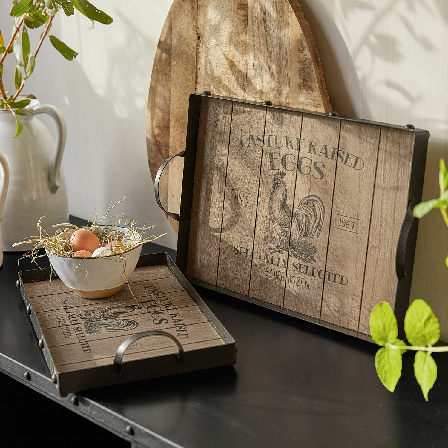 Lot de 2 plateaux Nobles Plateau en bois avec poignées en métal et motif coq, style rustique pour décoration de cuisine