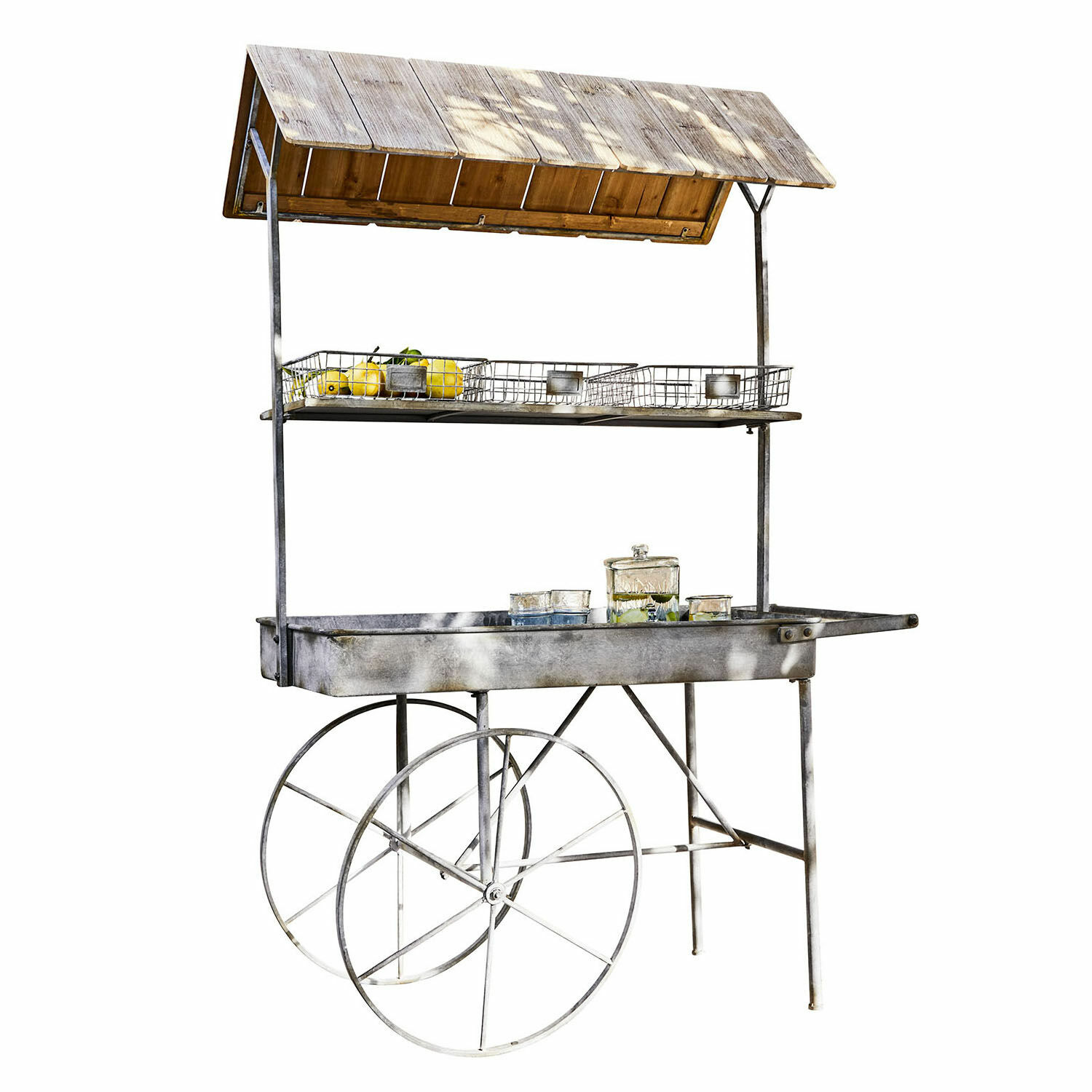 Plantentafel Granby Metalen marktkraam met houten dak en plank voor fruit in vintage stijl