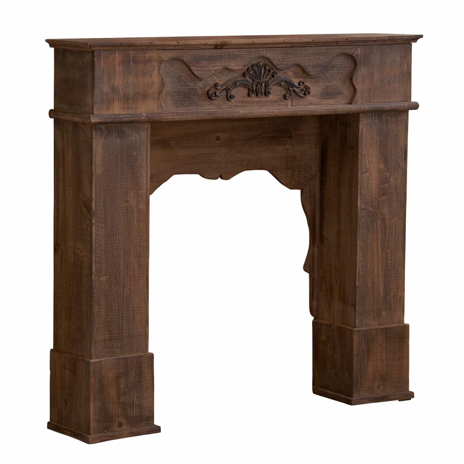 Haardschouw Margaux Rustieke donkerbruine houten schoorsteenmantel met decoratief houtsnijwerk in vintage stijl