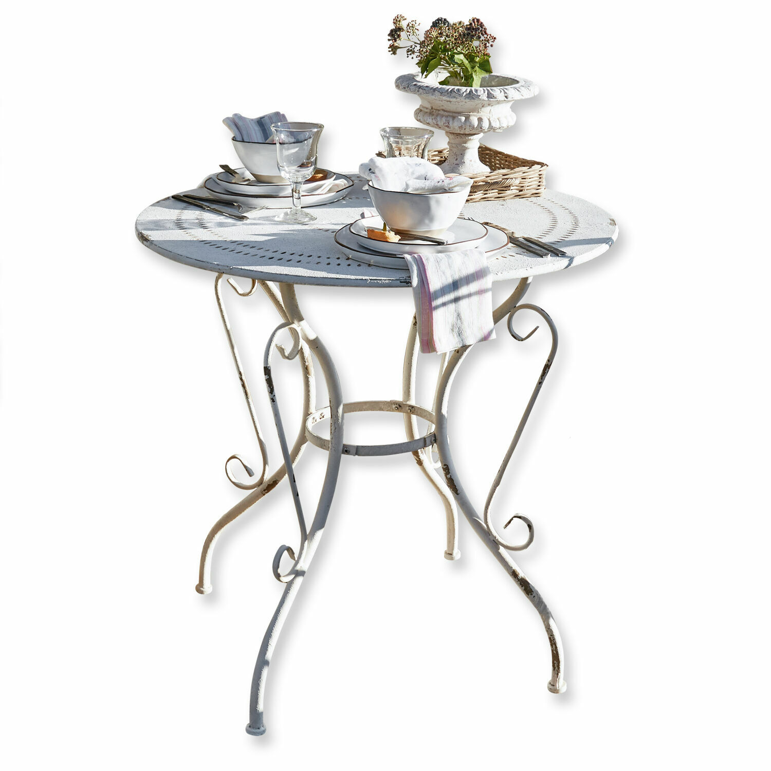 Table Aube Table ronde en métal blanc avec pieds décoratifs et vaisselle, idéale pour terrasse ou balcon