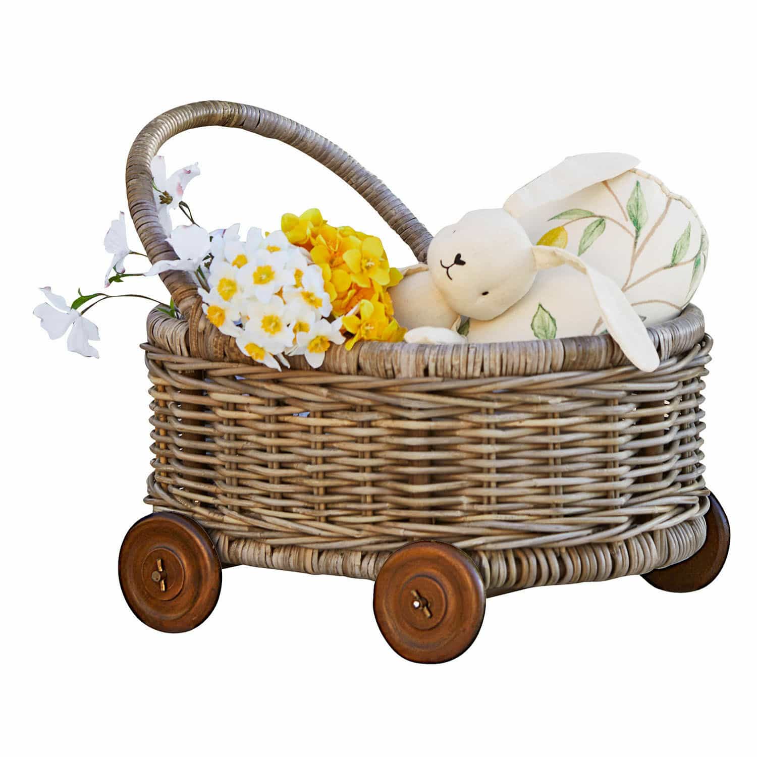 Trolley Narivena Rieten mand op wieltjes met pluchen konijn en gele en witte decoratieve bloemen
