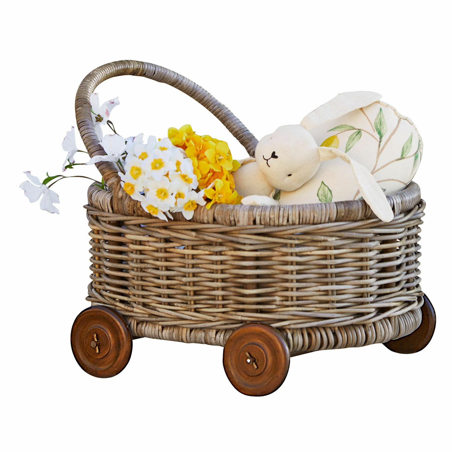 Trolley Narivena Rieten mand op wieltjes met pluchen konijn en gele en witte decoratieve bloemen
