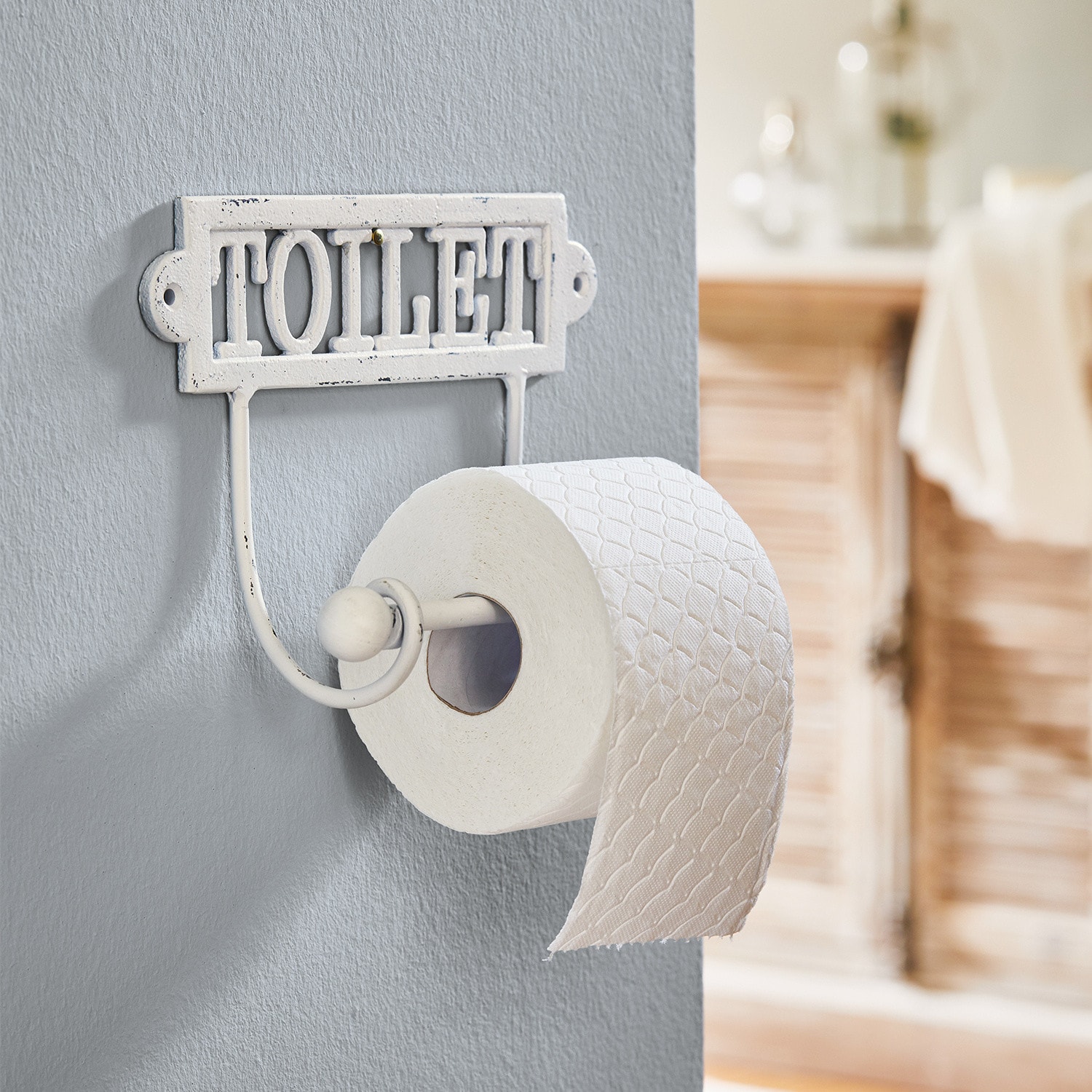 Porte-papier toilette Miramas Porte-papier toilette en métal blanc avec inscription TOILET pour salle de bain vintage